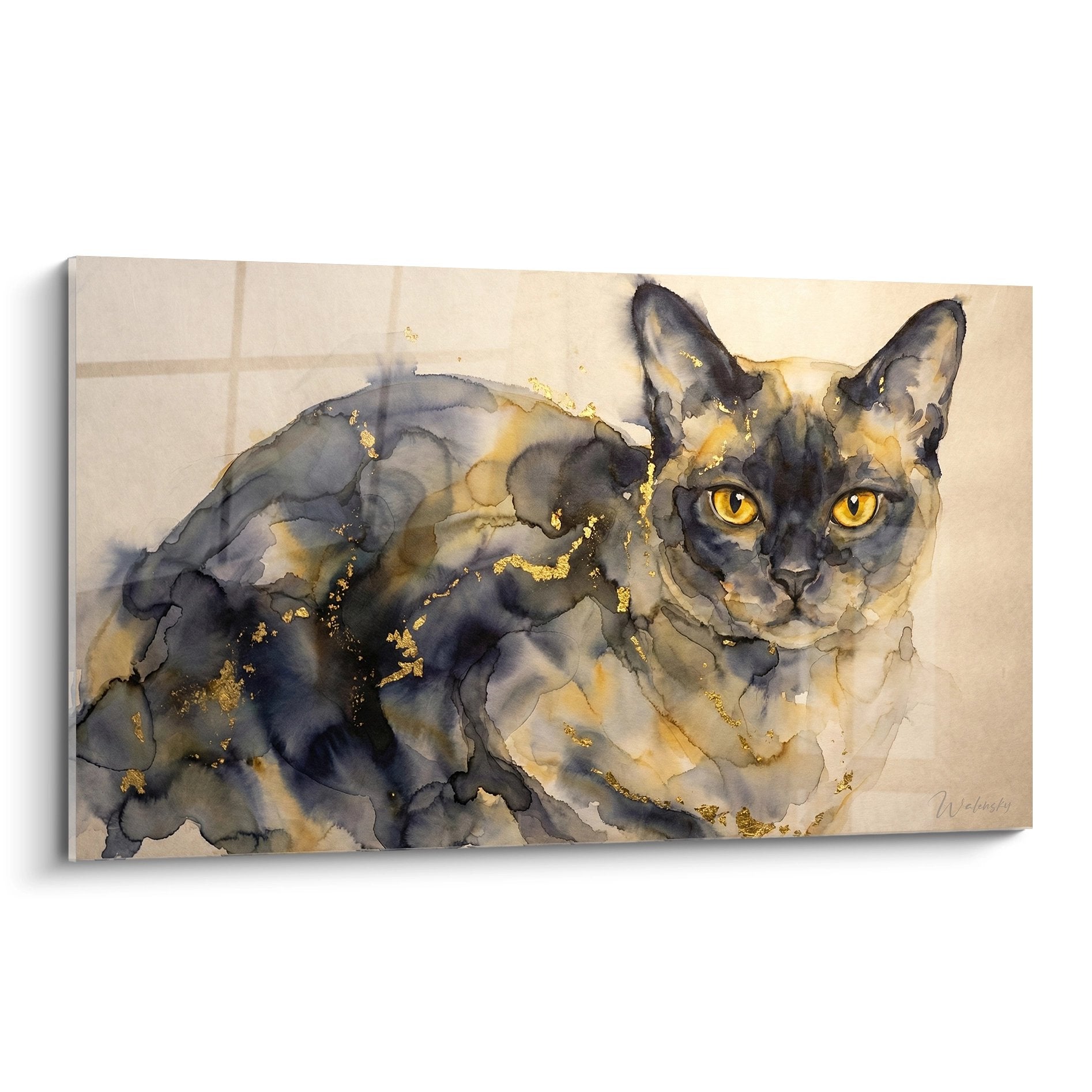 Tableau aquarelle chat Burmese aux yeux dorés avec touches de dorure sur fond beige