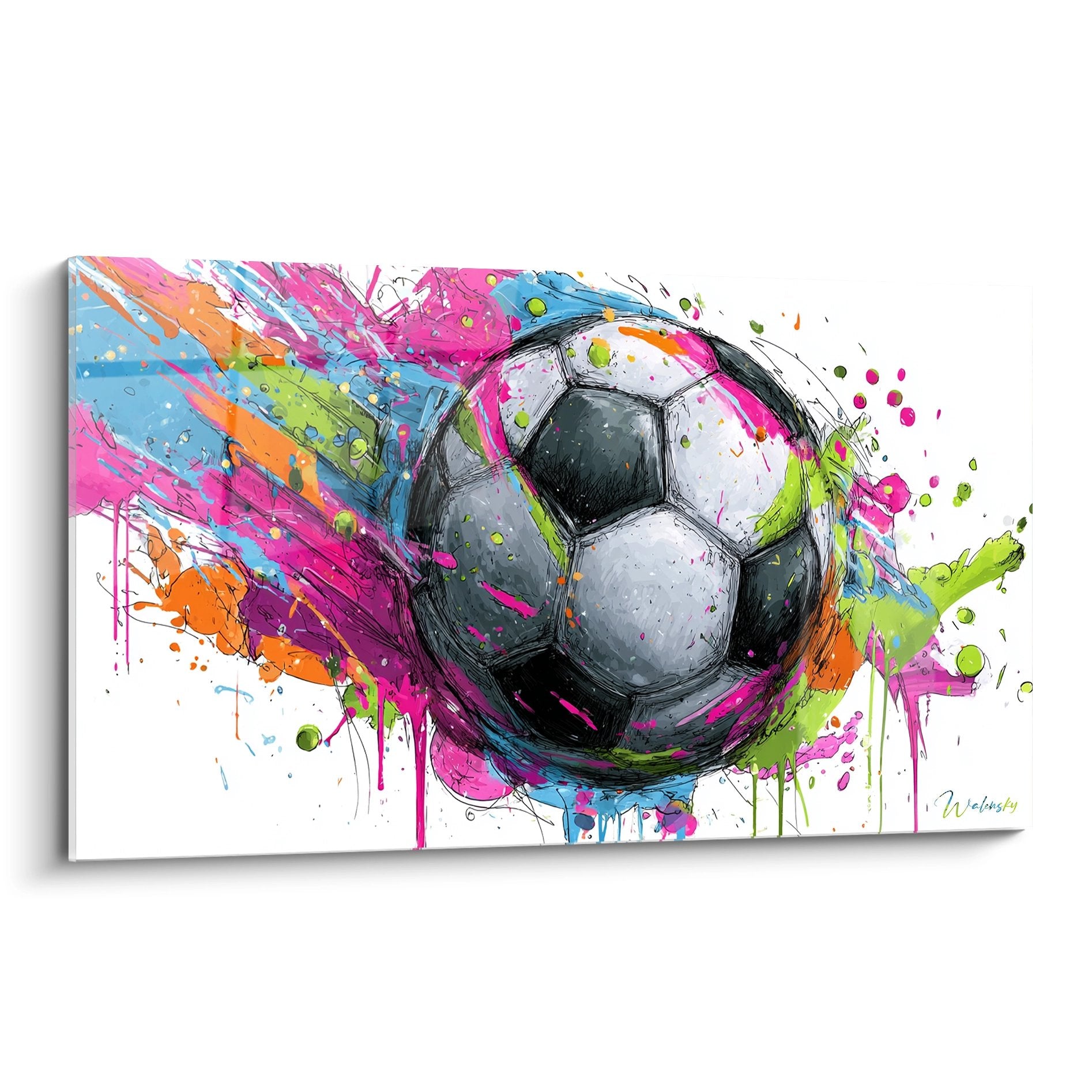 Tableau moderne ballon de football avec explosion de couleurs vives rose bleu vert orange sur fond blanc