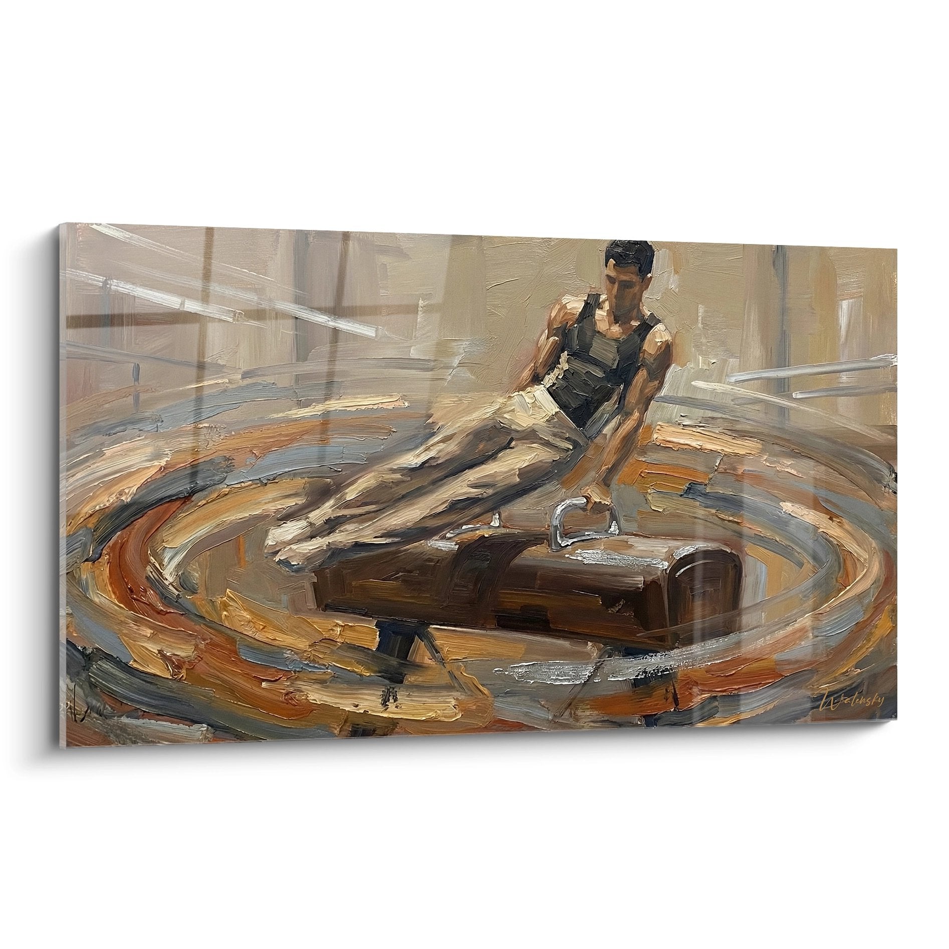 Tableau artistique d'un gymnaste masculin aux anneaux dans un style impressionniste aux tons ocres