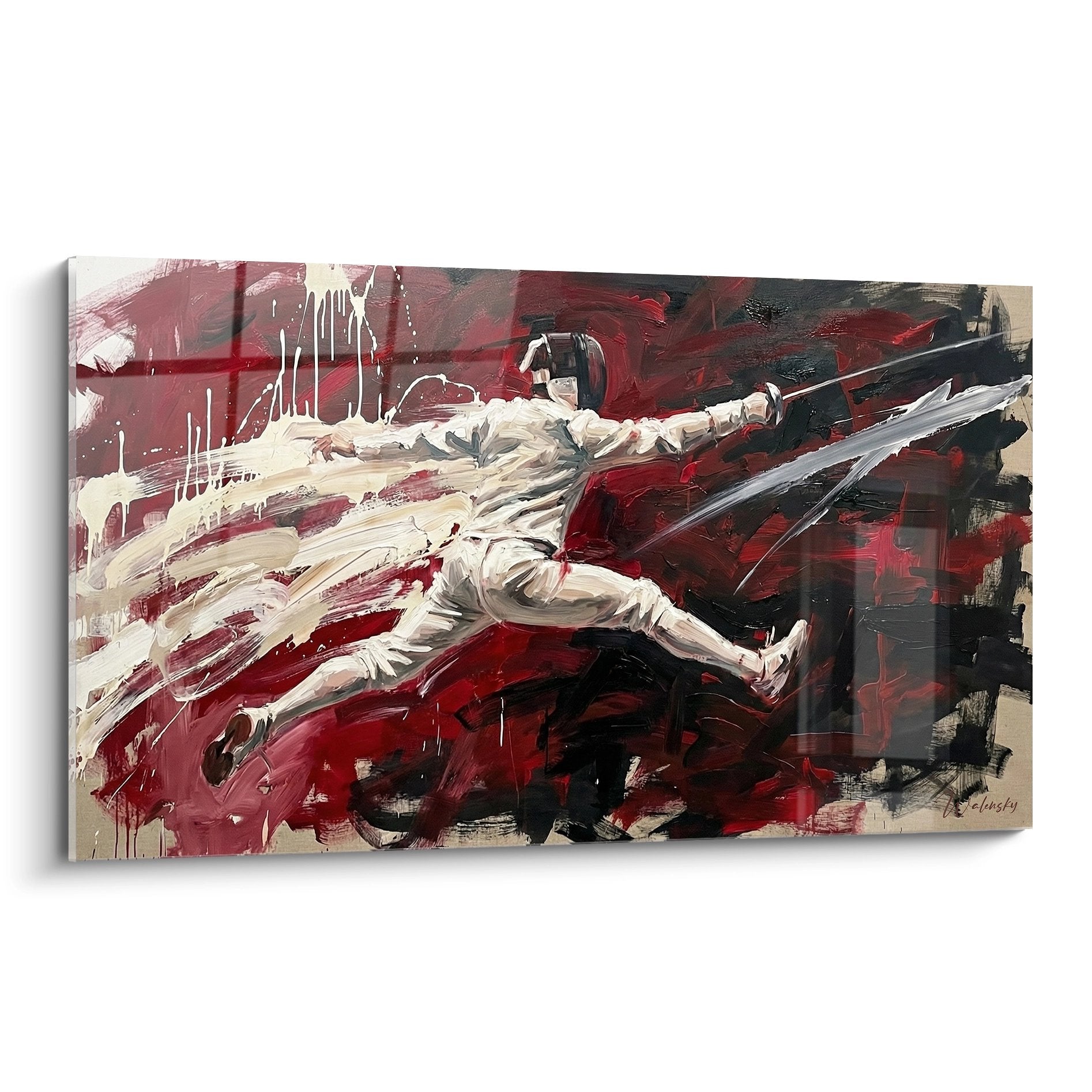 Tableau d'art moderne représentant un escrimeur en tenue blanche dans une fente d'attaque sur fond rouge et noir expressif