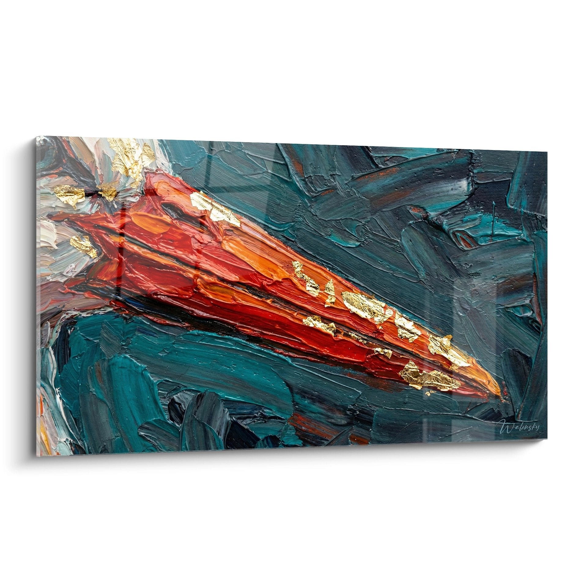 Tableau abstrait moderne aux couleurs flamboyantes rouge orange et or sur fond bleu-vert Edition Cigogne