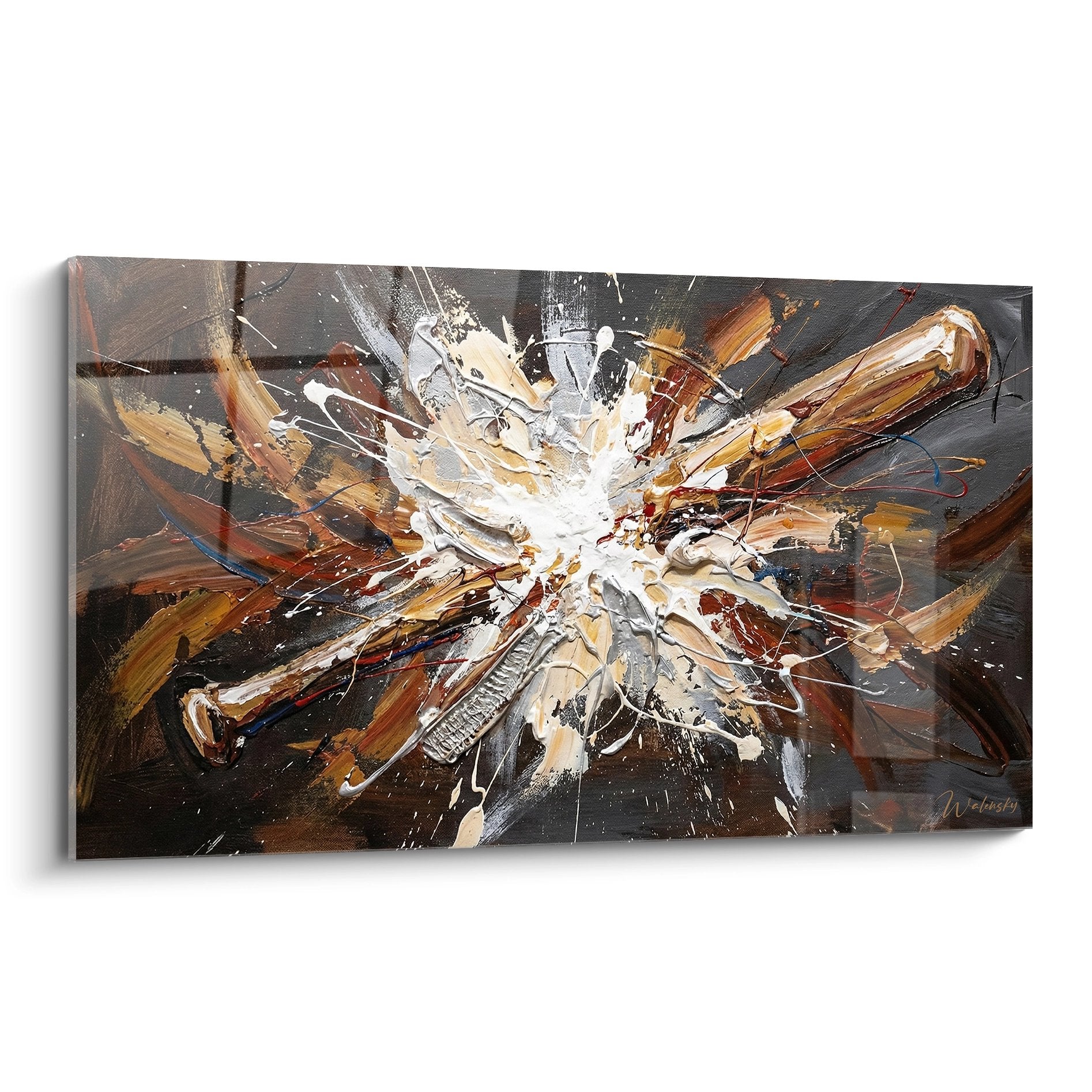 Tableau explosion baseball avec impact central blanc et projections marron, art mural moderne sport americain