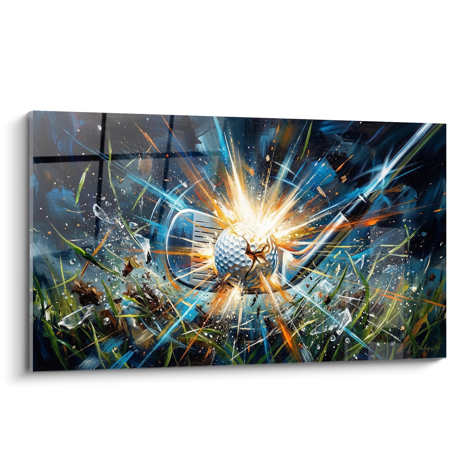 Tableau moderne représentant l'impact explosif d'une balle de golf avec rayons lumineux colorés