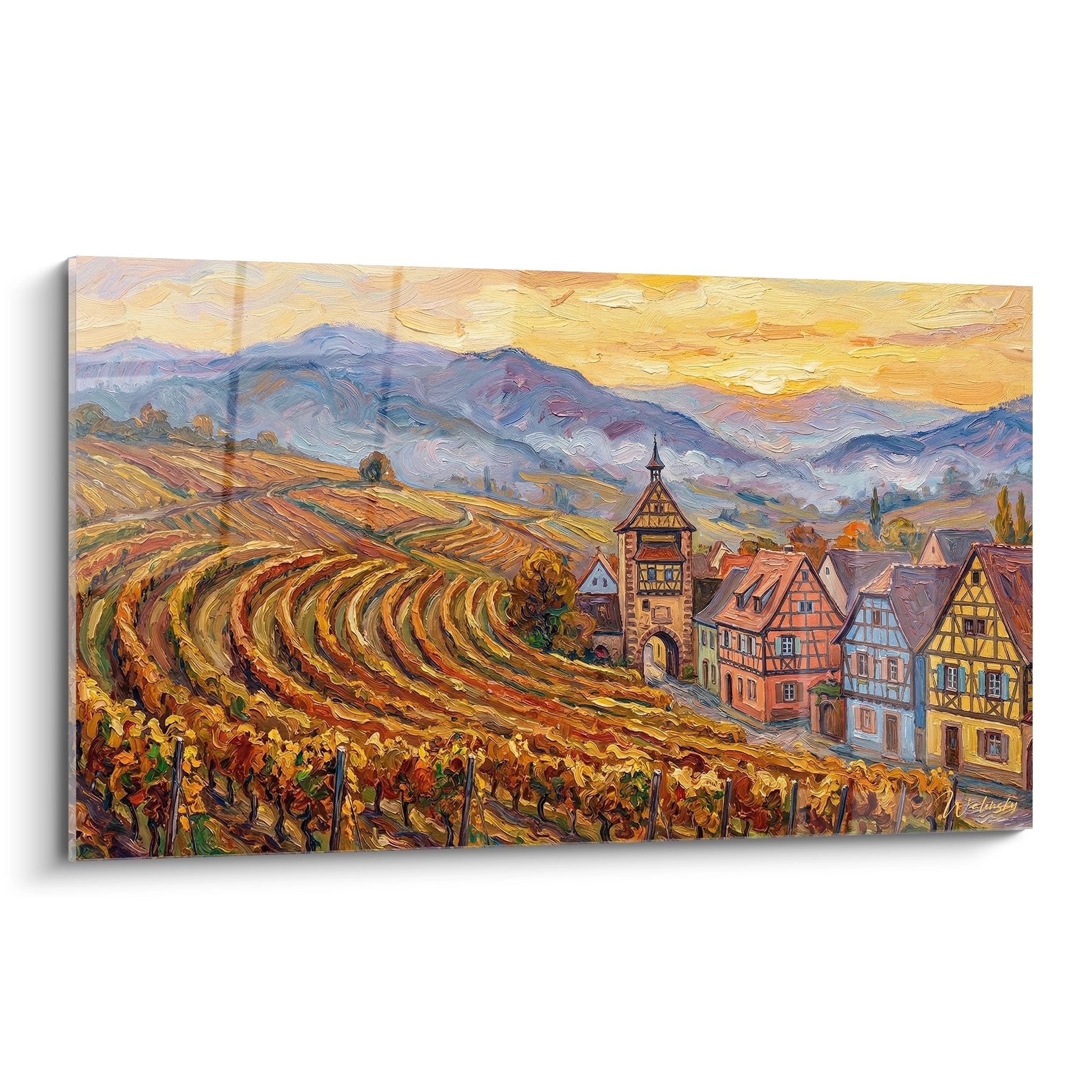 Tableau village alsacien avec vignobles en terrasse et maisons a colombages colorees style impressionniste