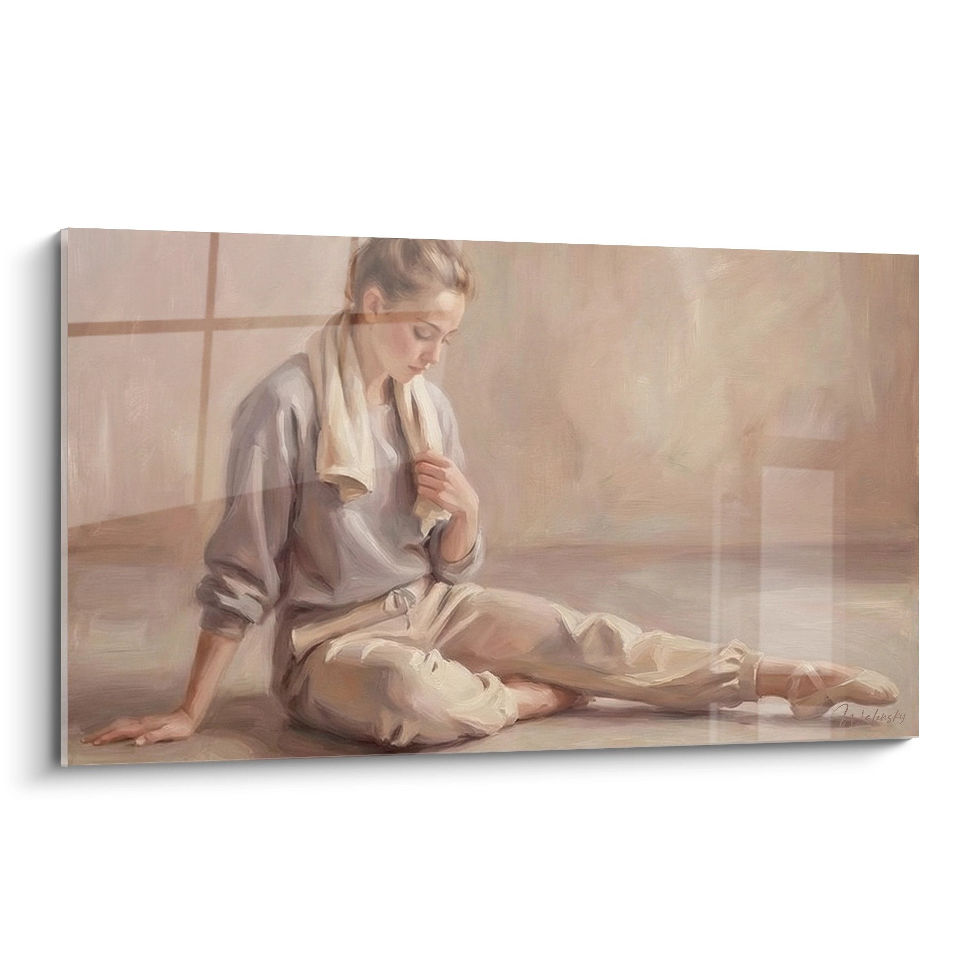 Tableau danseuse ballerine assise ajustant ses chaussons dans tons dores lumiere naturelle art mural