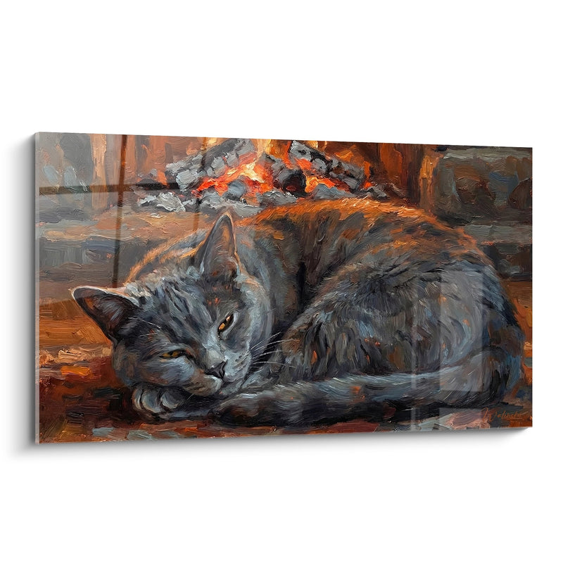 Tableau Chat Chartreux près du Feu - Sérénité au Coin de l'Âtre - Edition chat Chartreux