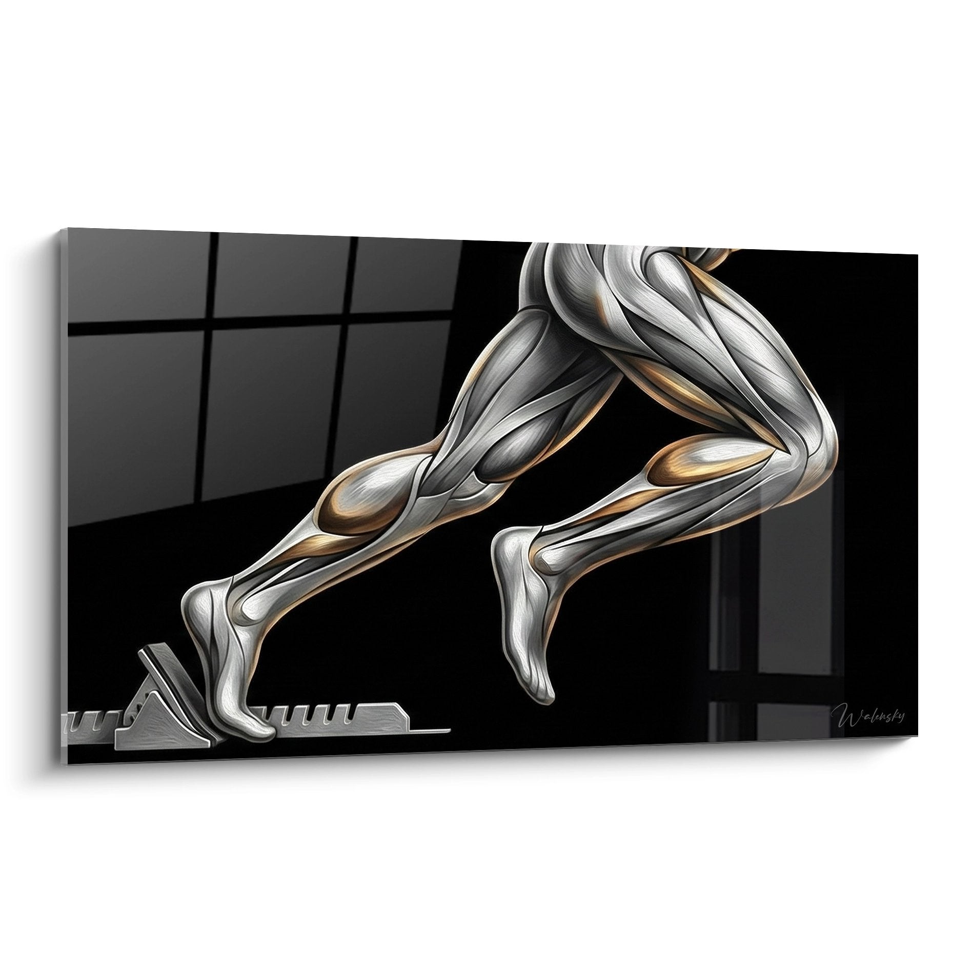 Tableau artistique jambes coureur effet metallique argent or fond noir starting blocks athletisme moderne