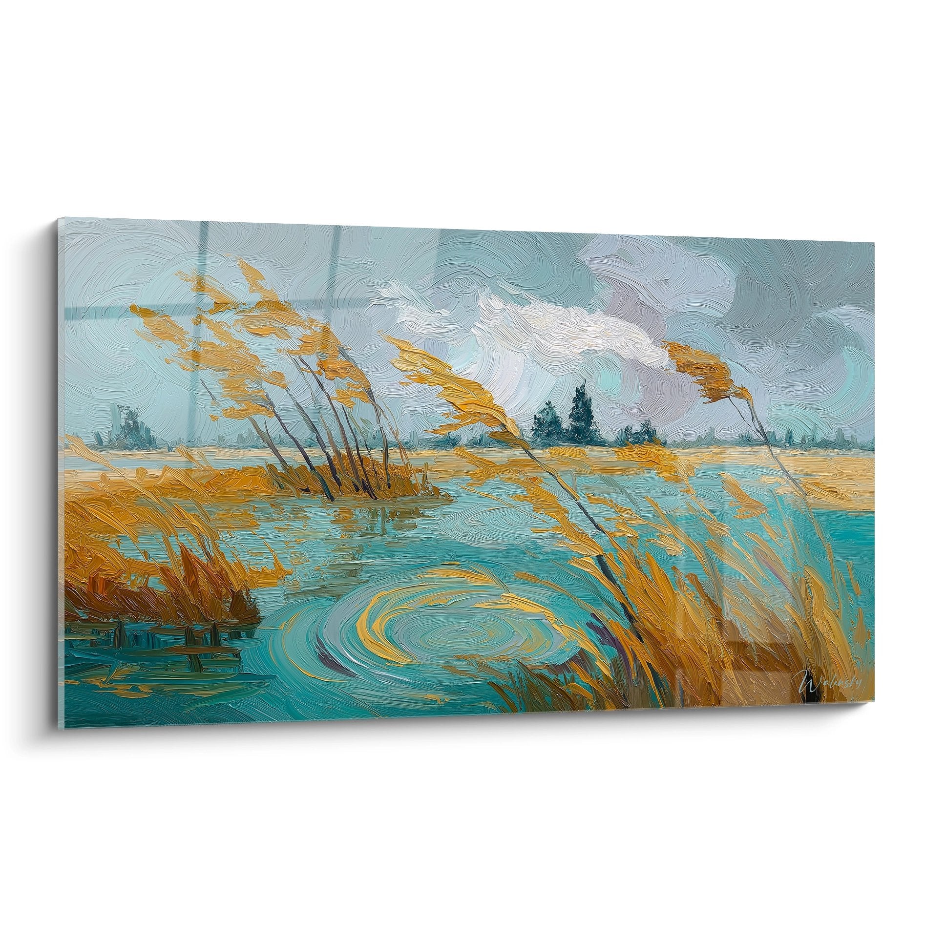 Tableau paysage marécageux avec roseaux dorés se balançant au vent au bord d'un étang turquoise style impressionniste