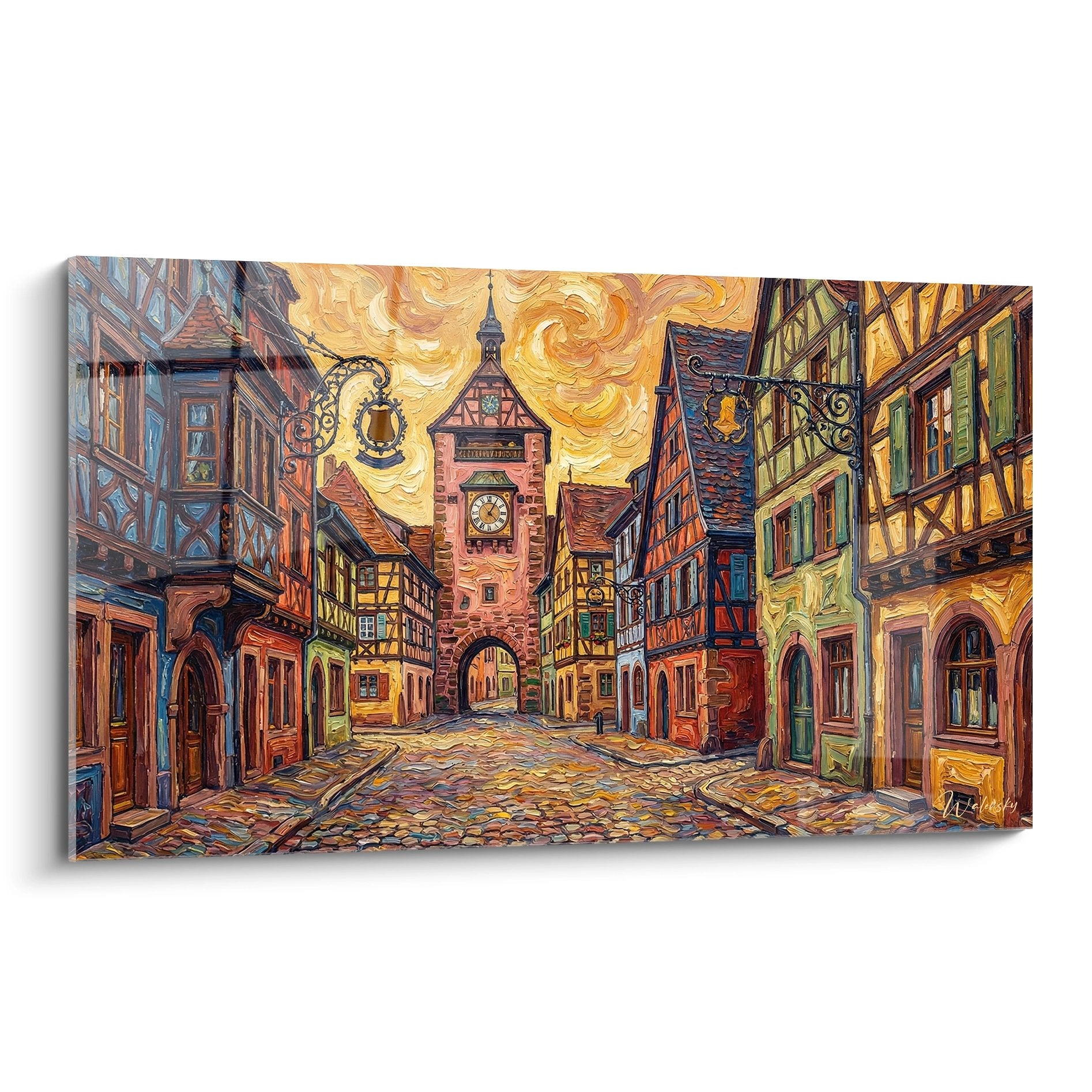 Tableau village alsacien avec maisons a colombages colorees et tour medievale au coucher du soleil