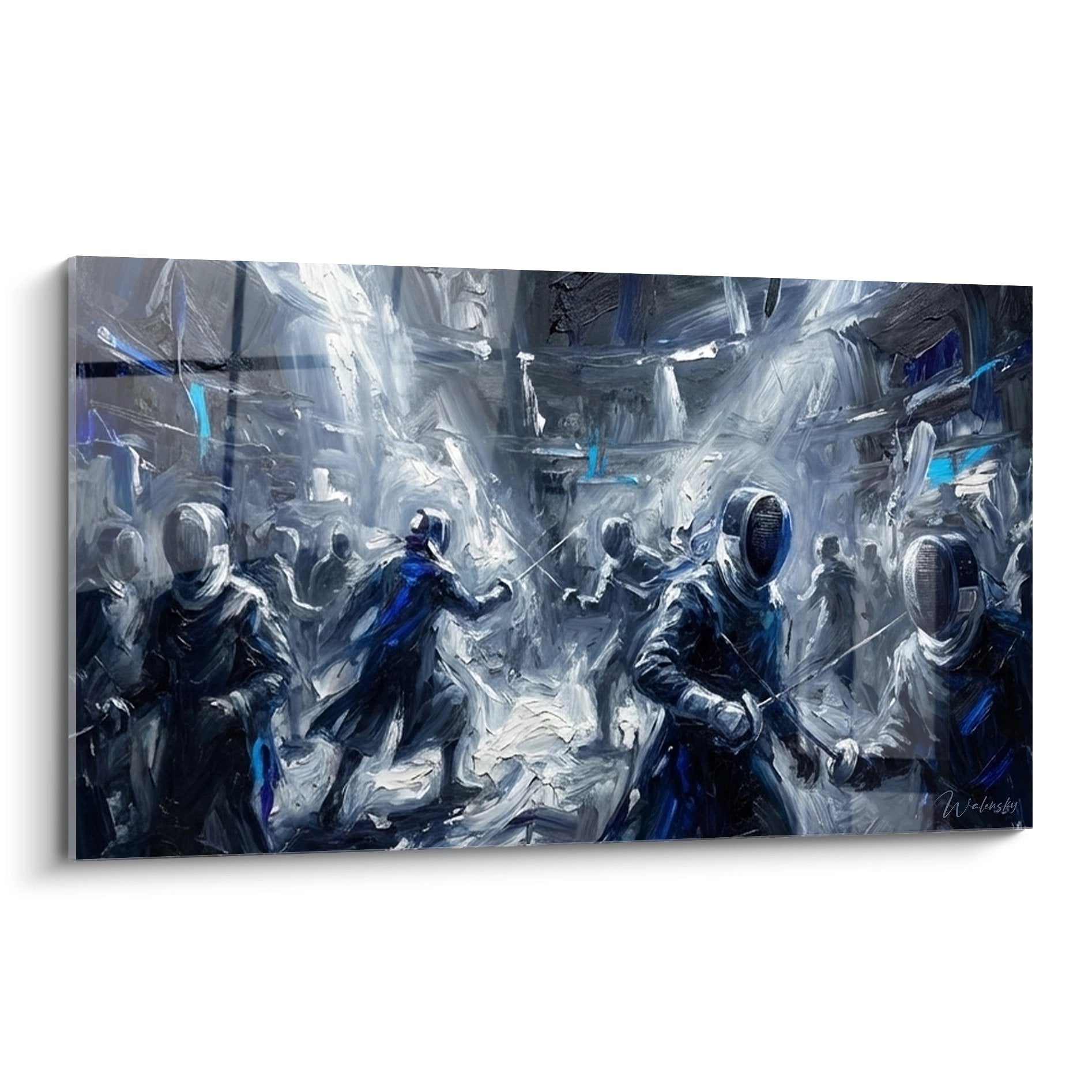 Tableau artistique représentant un combat d'escrime dramatique avec plusieurs escrimeurs en action, tons bleus et gris
