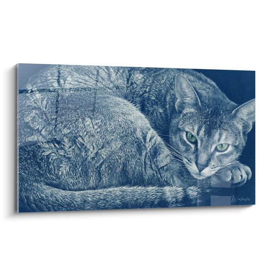 Schilderij Abessijnse kat met groene ogen - Blauwe elegantie - Abessijnse kat editie