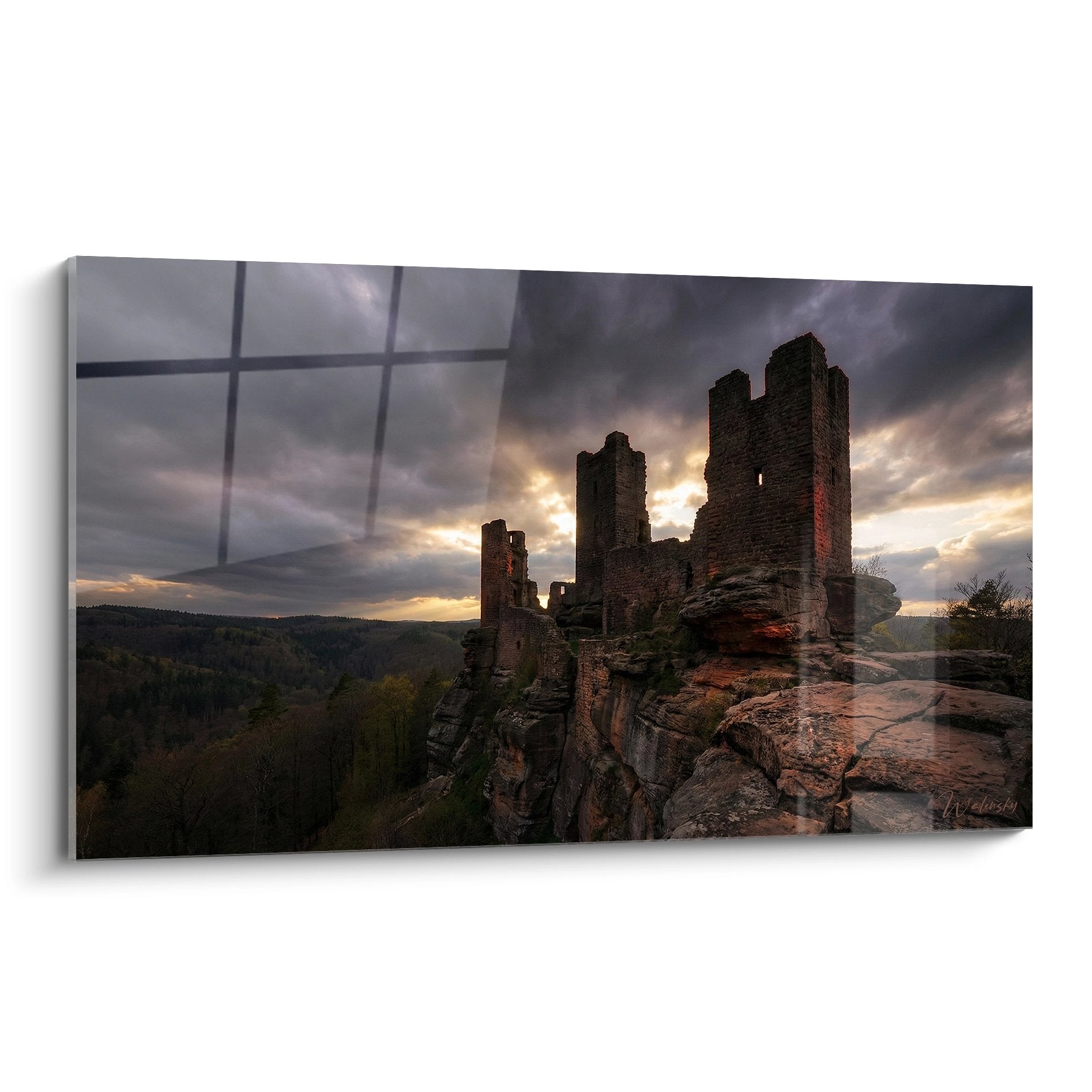 Tableau château médiéval en ruines au crépuscule sur rocher, ciel dramatique, art mural alsacien