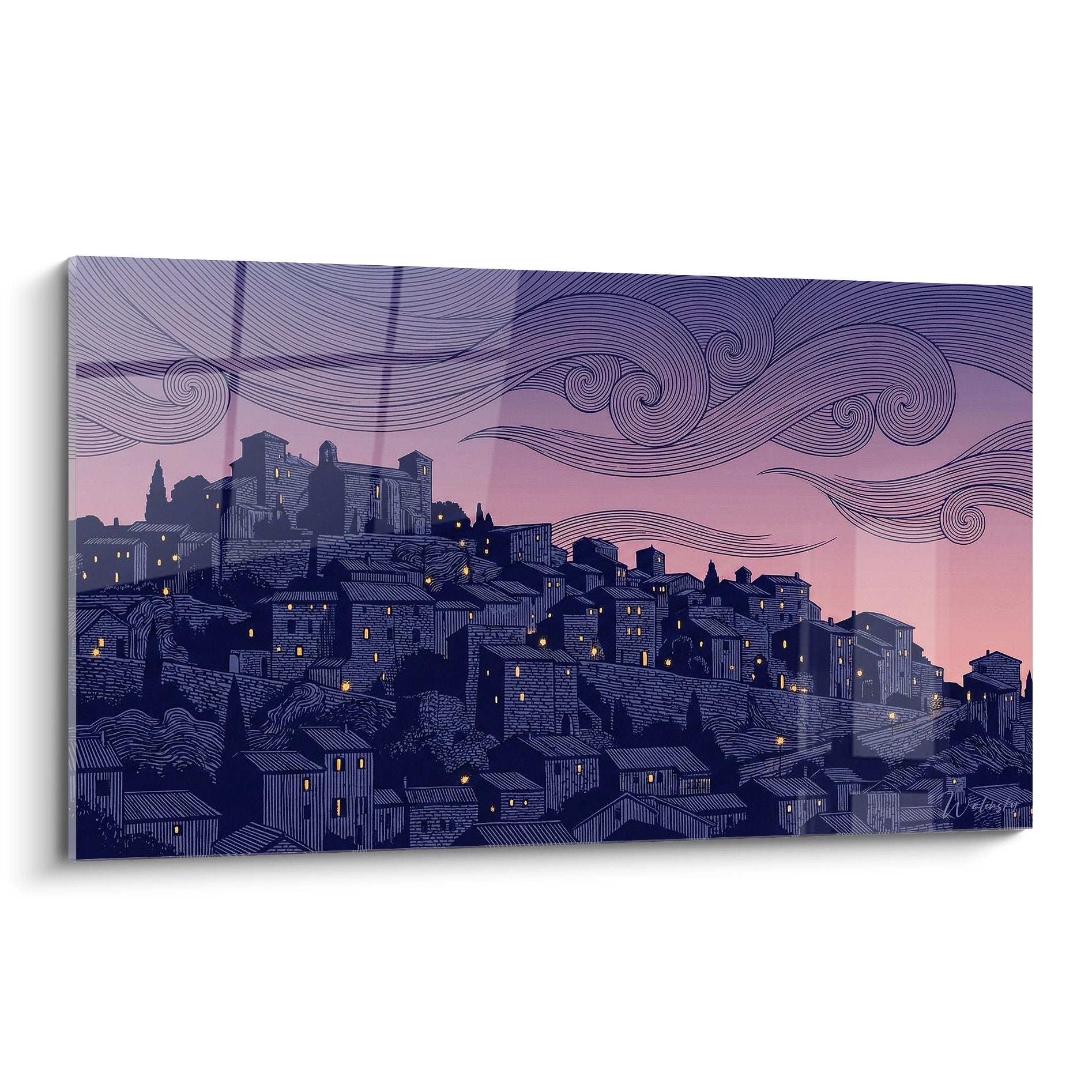 Tableau village provencal au crepuscule avec architecture en pierre et ciel rose violet tourbillonnant