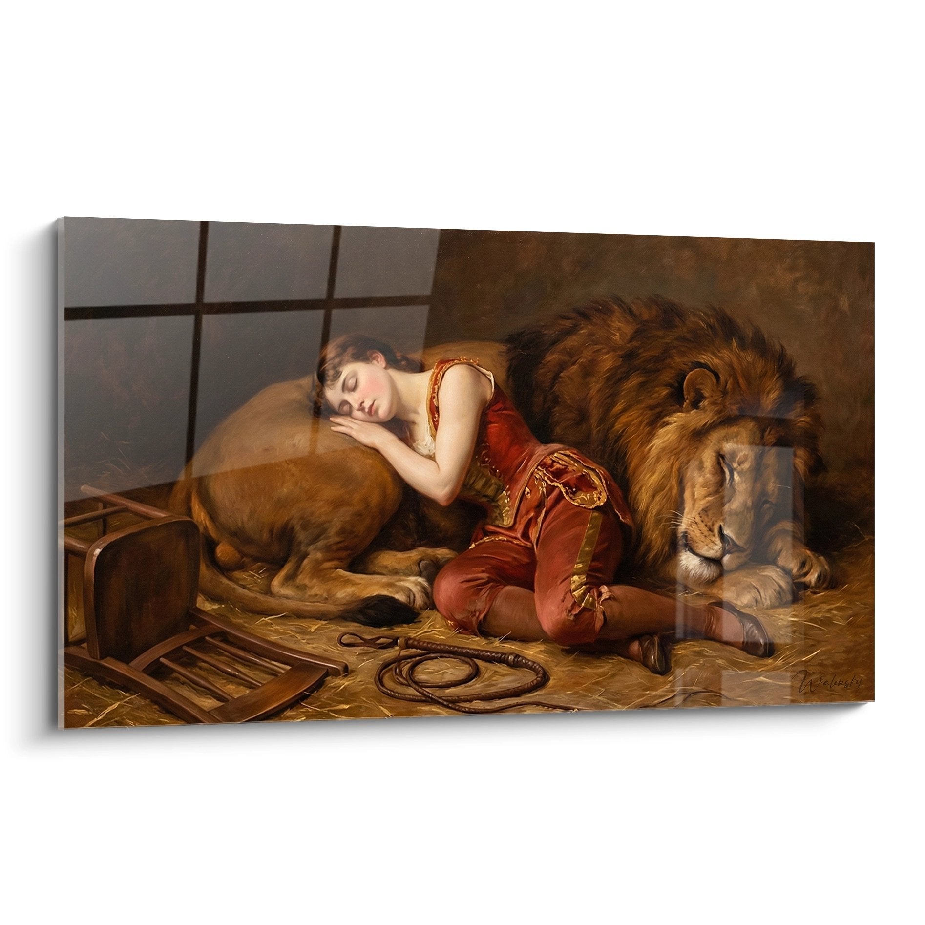 Tableau dompteuse endormie contre lion majestueux dans cage cirque costume rouge broderies dorees