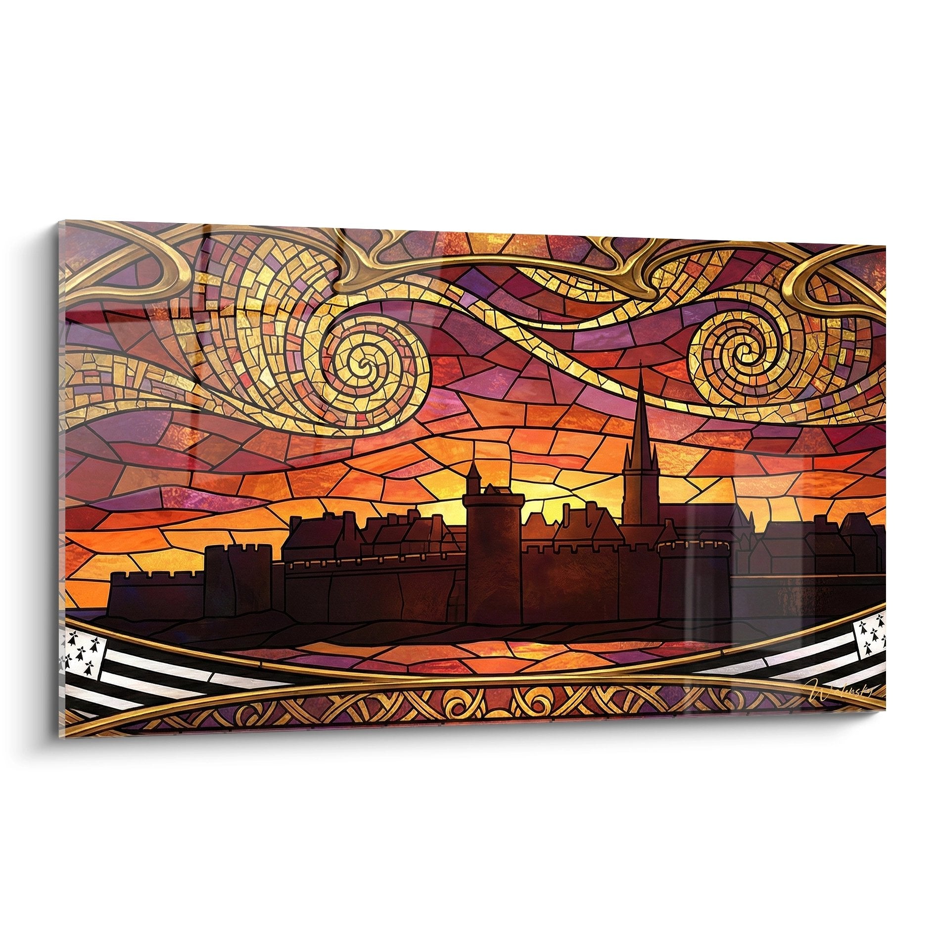 Quadro castello bretone stile vetrata con cielo fiammeggiante arancio e spirali dorate mistiche