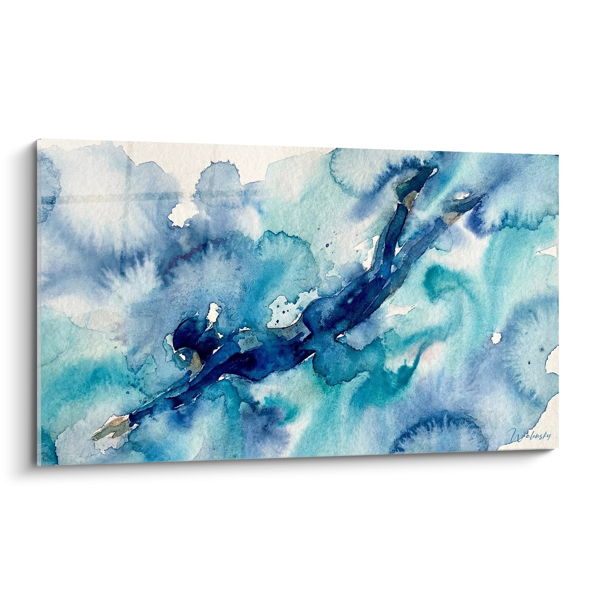 Tableau aquarelle abstraite plongeur sous-marin tons bleus turquoise art mural plongée