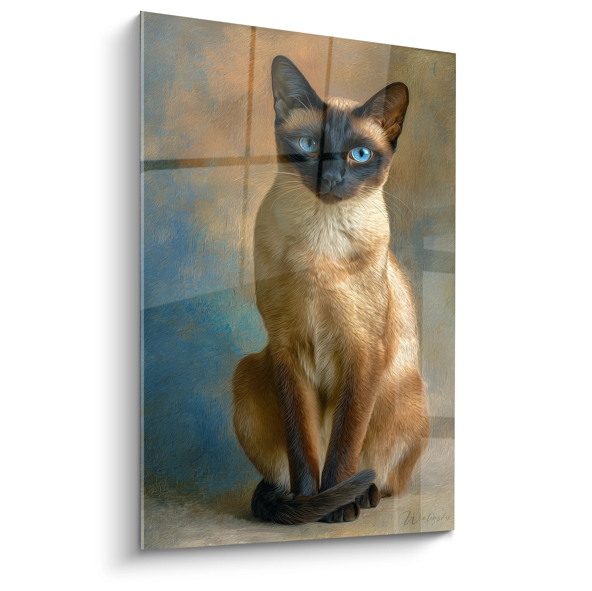 Tableau artistique chat Burmese aux yeux bleus assis, pelage creme et brun, style realiste sur fond dore