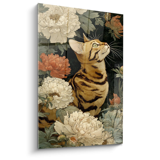 Katten schilderij Toyger in Pioenroos Tuin - Florale Elegantie - Kat Toyger editie
