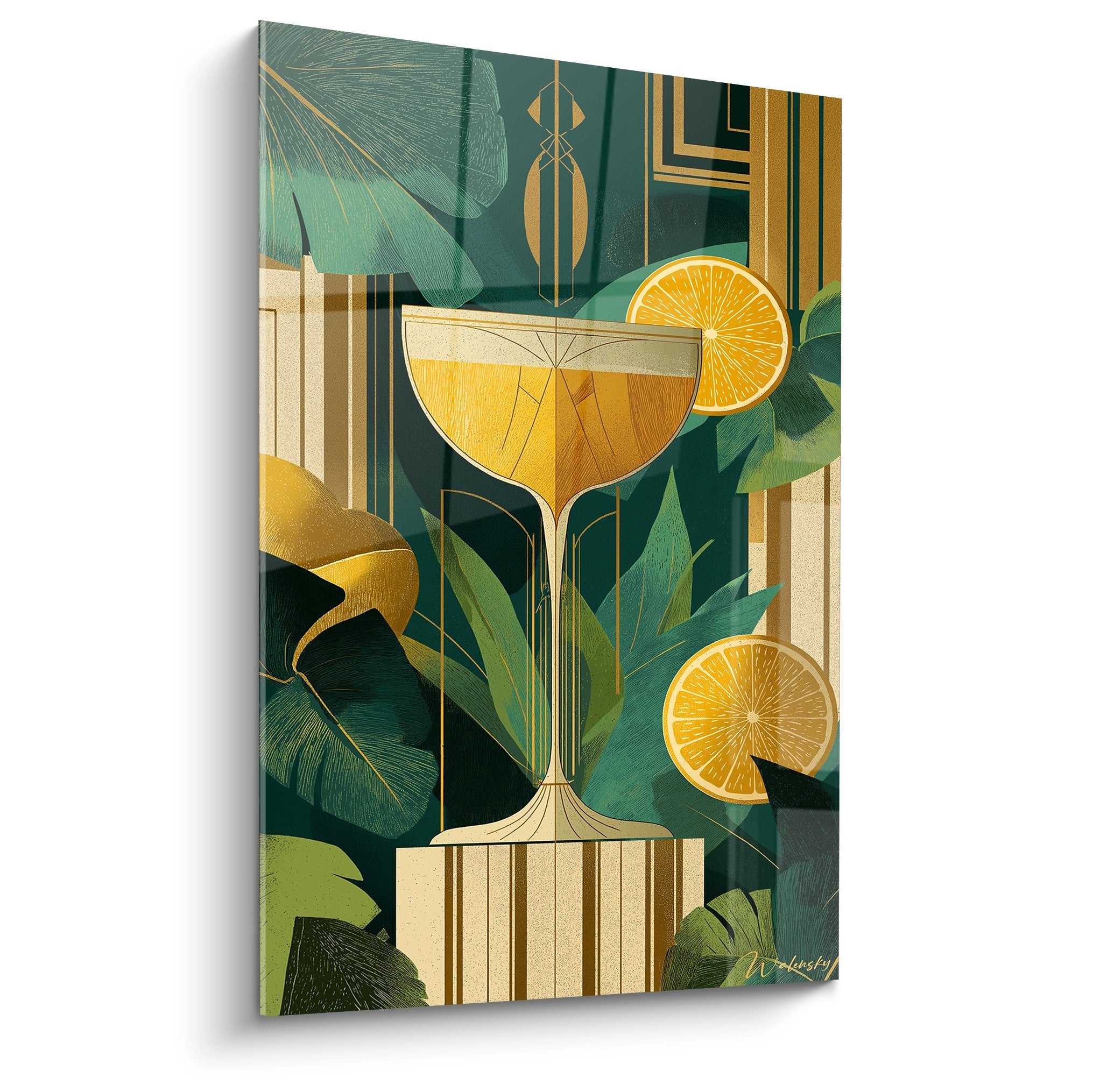 Tableau art déco représentant un cocktail doré aux oranges sur fond tropical avec feuilles vertes et motifs géométriques
