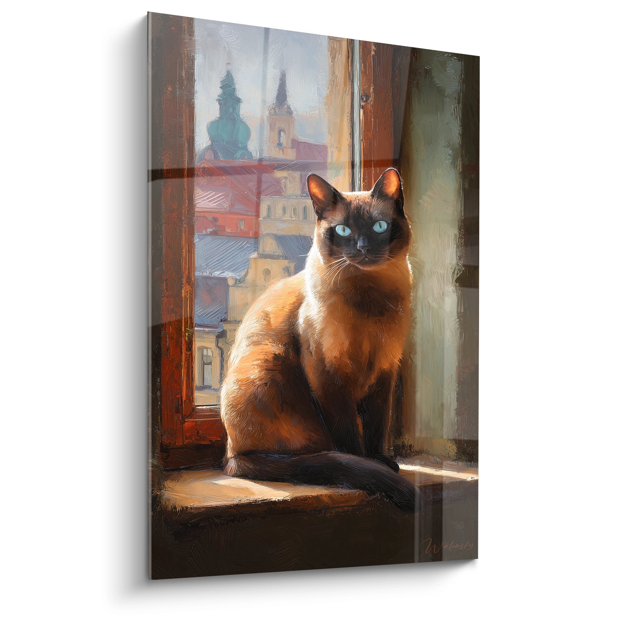 Tableau chat Burmese yeux bleus assis fenetre bois vue ville toits rouges clochers peinture realiste