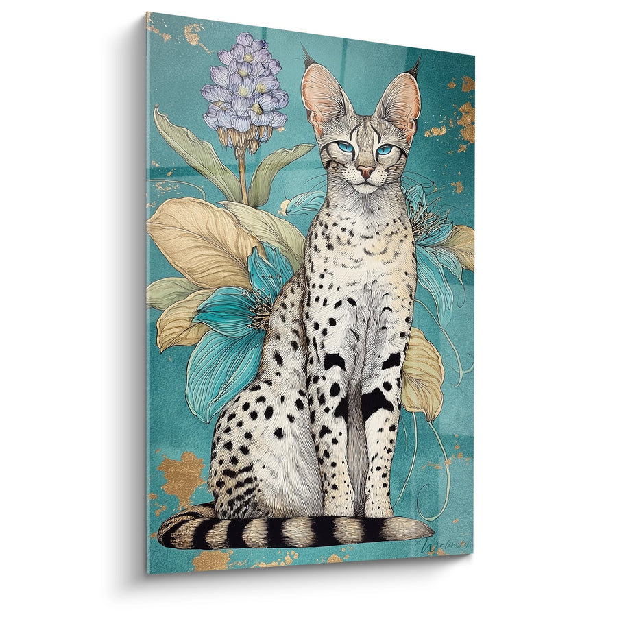 Tableau Chat Serengeti aux Fleurs Tropicales - Jardin Turquoise - Edition chat Serengeti