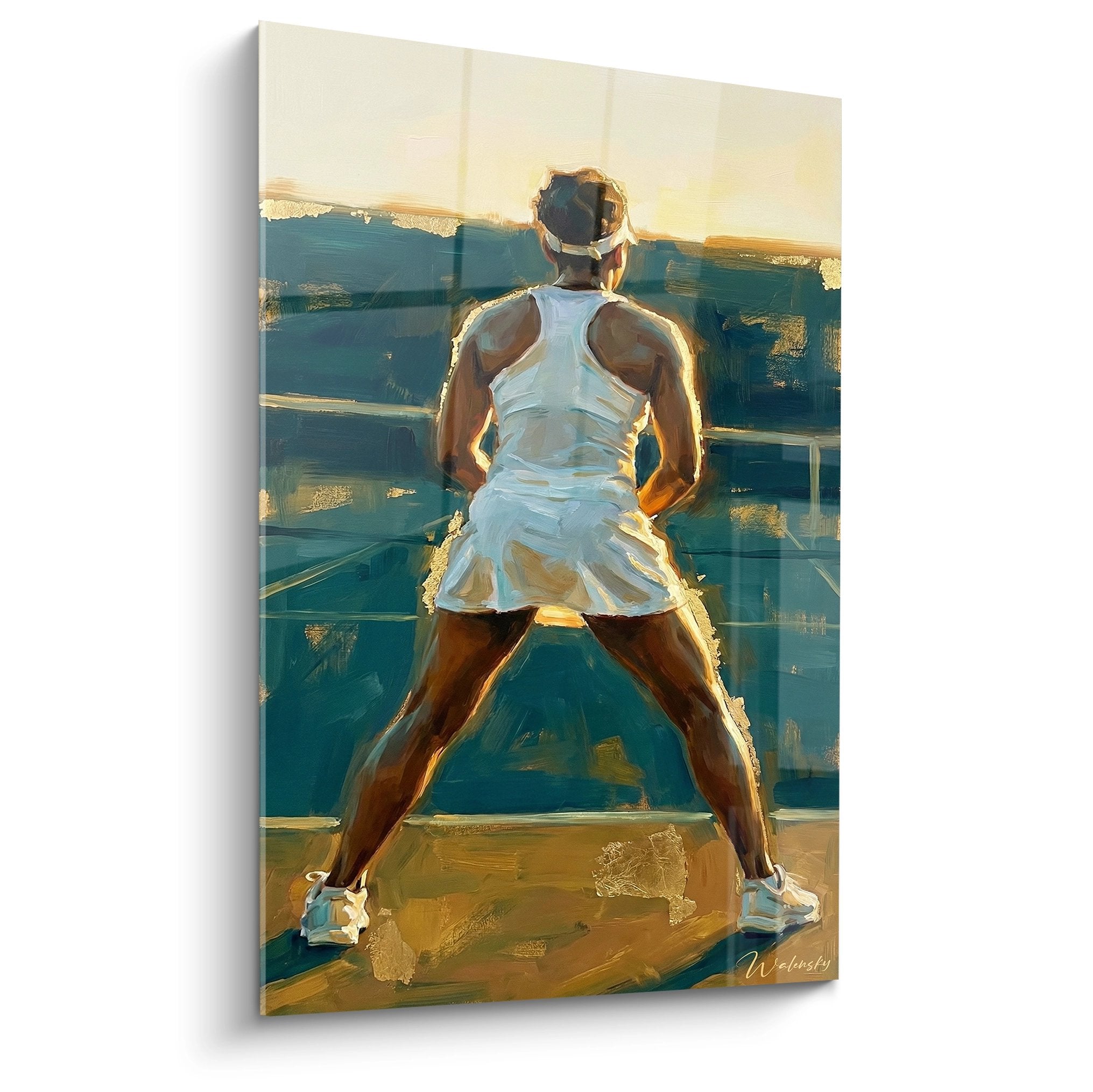 Tableau peinture joueuse tennis vue de dos en tenue blanche sur fond turquoise style moderne art sportif