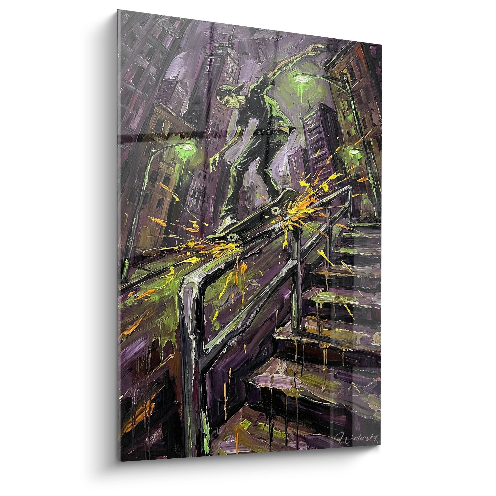 Tableau robot geant vert dans ville futuriste avec explosions energie jaune, style art urbain skateboard
