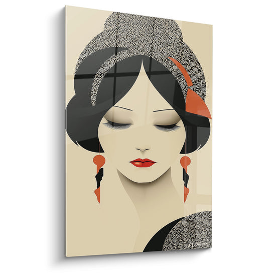 Art deco woman painting elegant closed eyes geometric headband orange earrings modern wall decoration