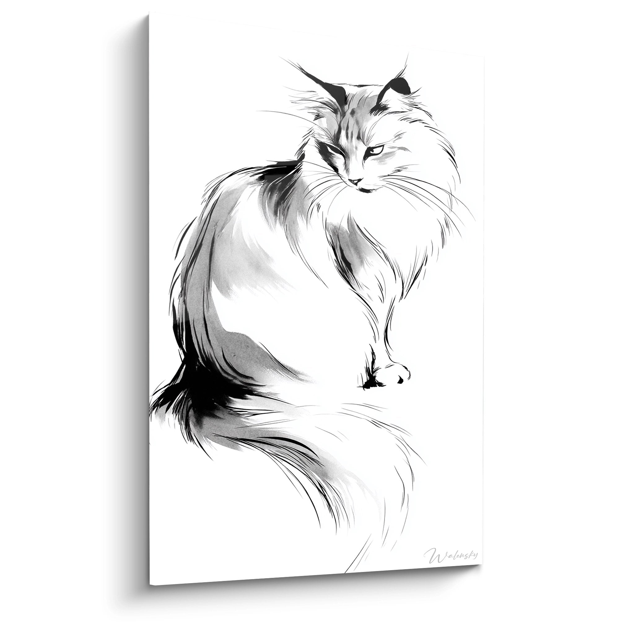 Tableau artistique chat siberien majestueux noir et blanc decoration murale feline elegante