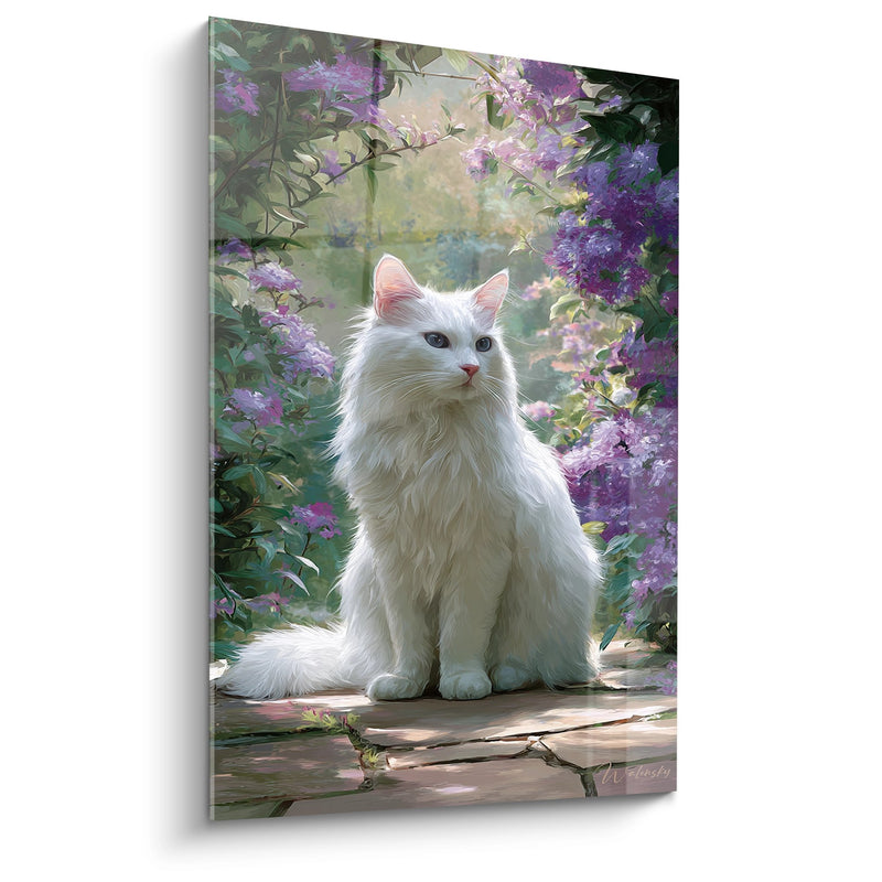 Birman Cat Painting White in Lilac Garden - Floral Serenity - Birman Cat Edition