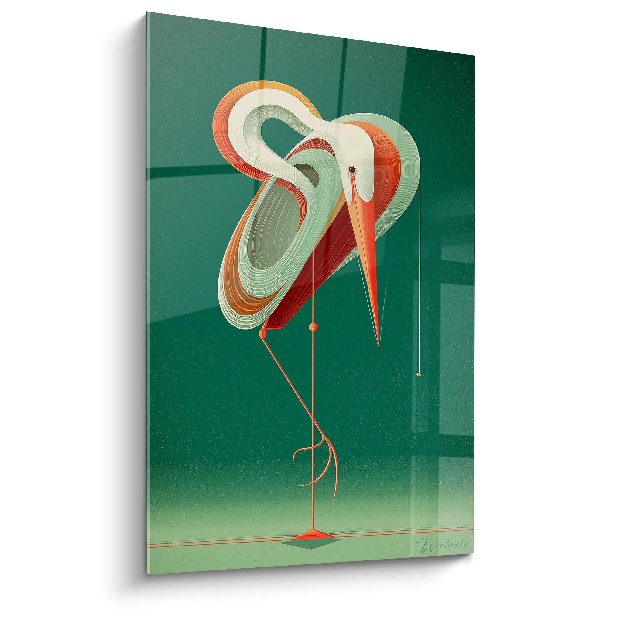 Art-Deco-Gemälde mit stilisiertem Reiher, geometrischen Kurven in Orange und Grün auf smaragdgrünem Hintergrund