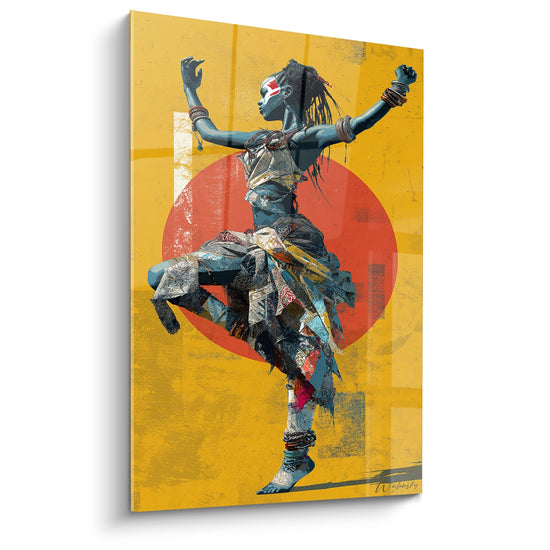 Tableau danse africaine danseur tribal mouvement traditionnel fond jaune rouge art ethnique moderne