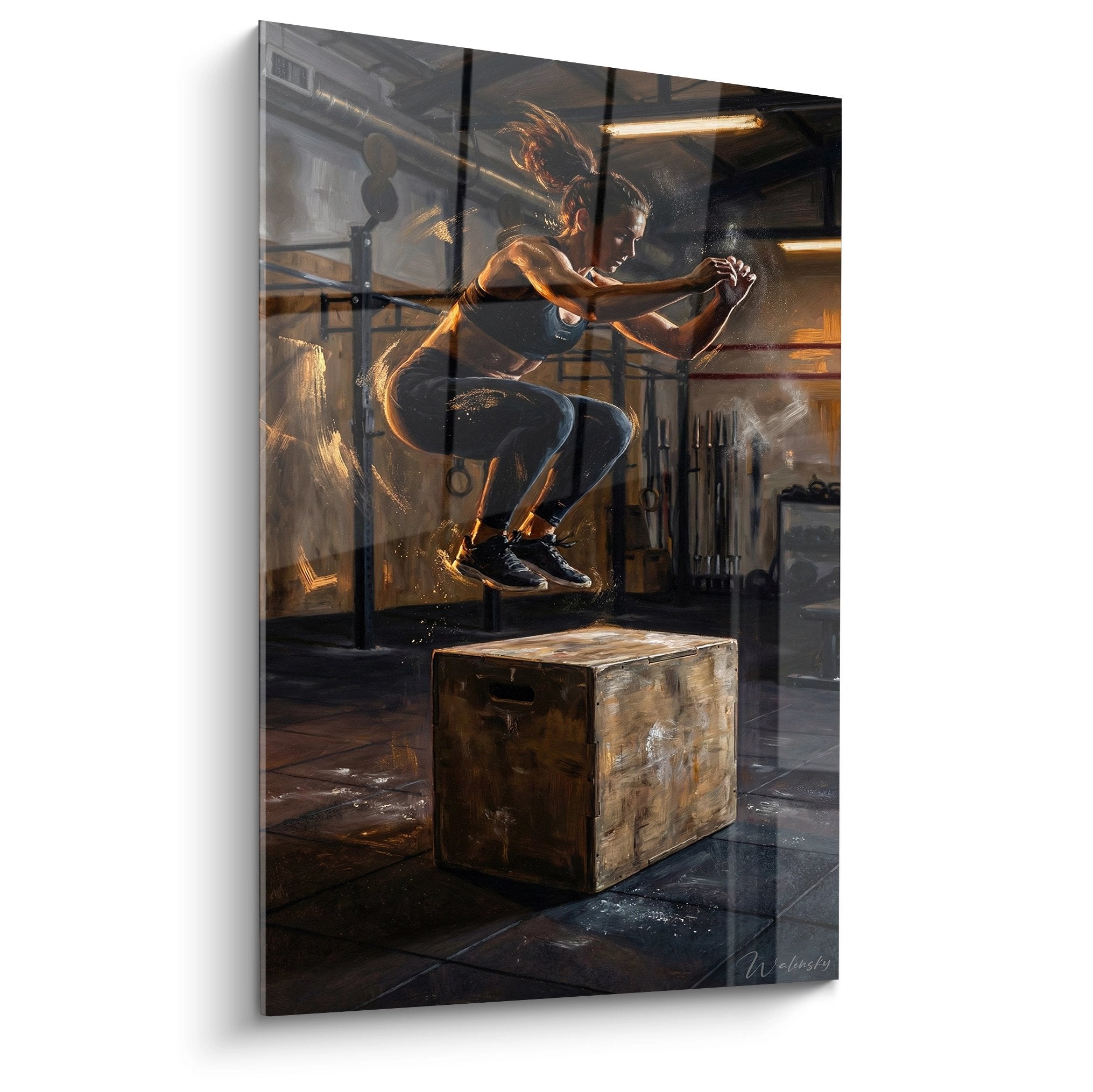 Tableau crossfit femme en box jump sautant sur cube bois dans salle sport industrielle tons dores