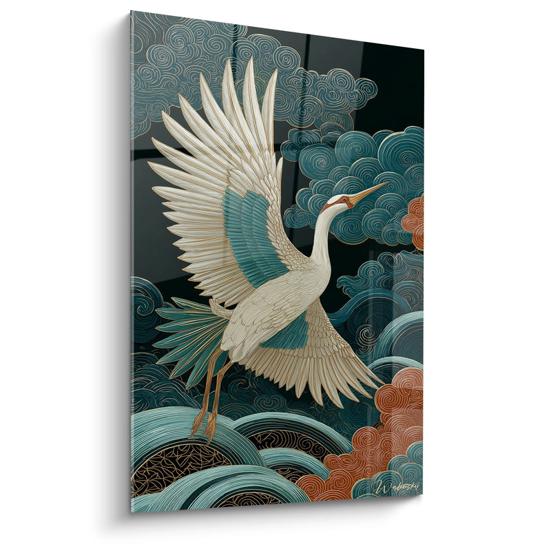 Crane in Flight Painting - Majestic Ascent - Art Deco Edition