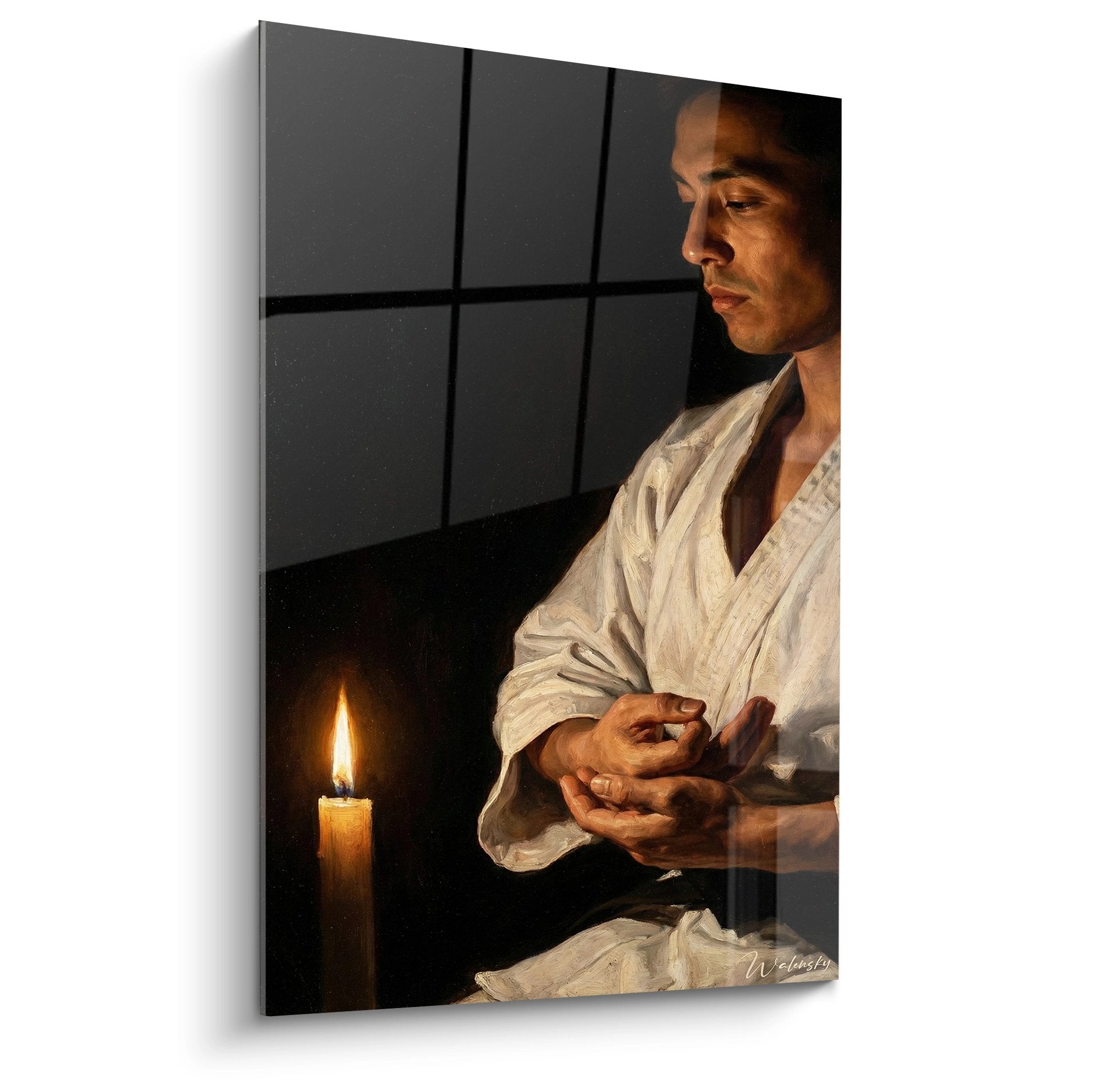 Tableau karate meditation chandelle pratiquant kimono blanc posture zen art martial spirituel