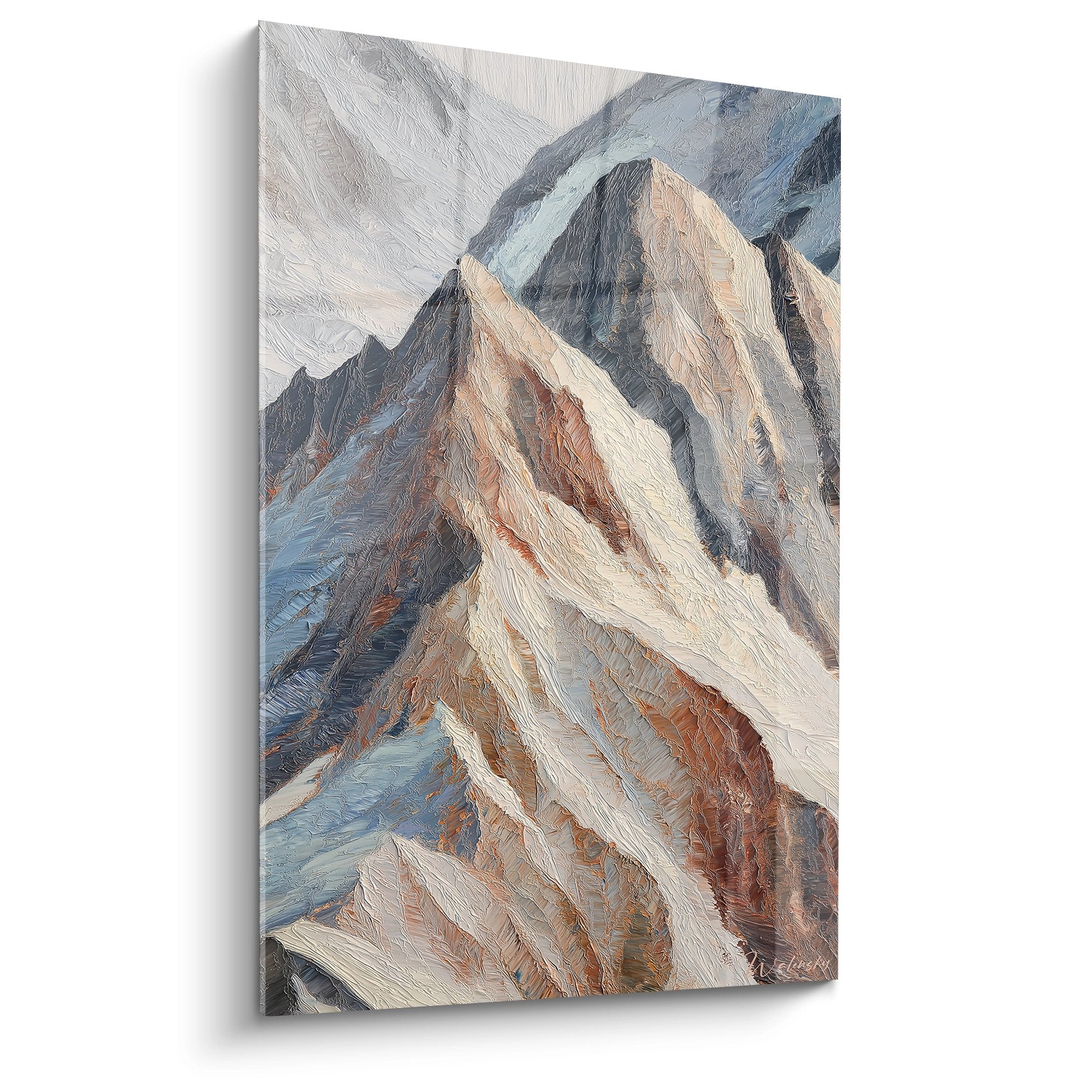 Tableau montagne pyrénéenne aux couleurs ocres et bleues, sommets rocheux sculptés, art mural moderne