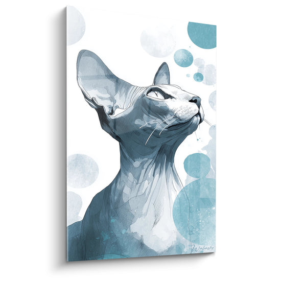 Tableau artistique chat Sphynx bleu regardant vers le ciel, style moderne avec elements geometriques abstraits