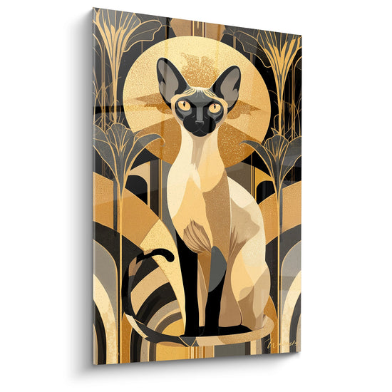 Schilderij Siamese Kat Art Deco - Gouden Elegantie - Editie Cornish Rex kat
