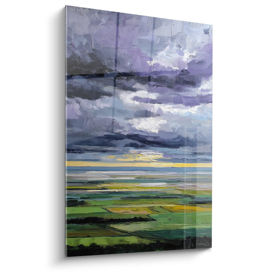 Normandy landscape painting with purple stormy sky and green fields, impressionist knife painting style