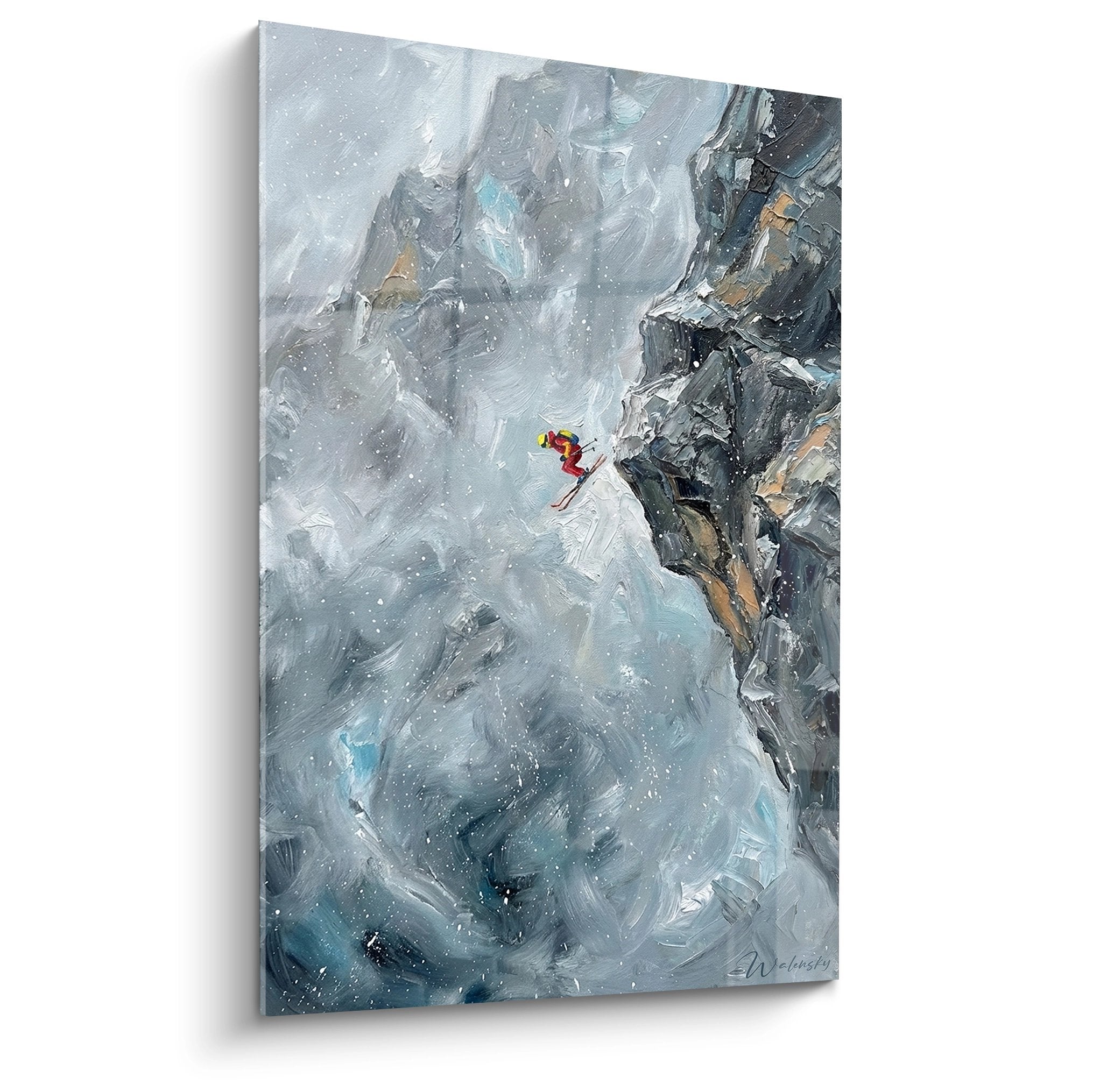 Tableau peinture skieur dans tempête de neige montagne, art mural ski decoration interieur