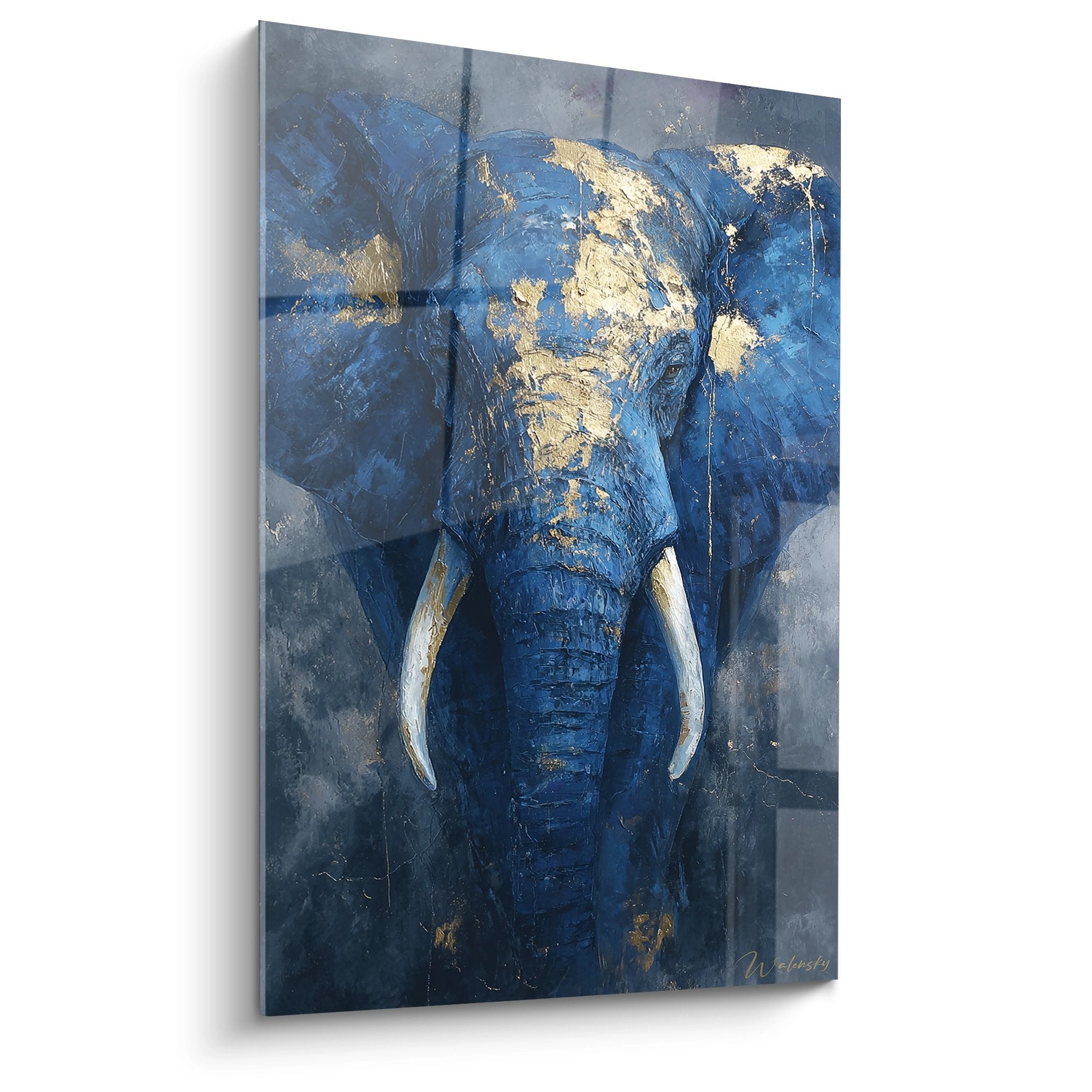 Tableau moderne d'éléphant africain peint en bleu et doré avec défenses blanches sur toile artistique