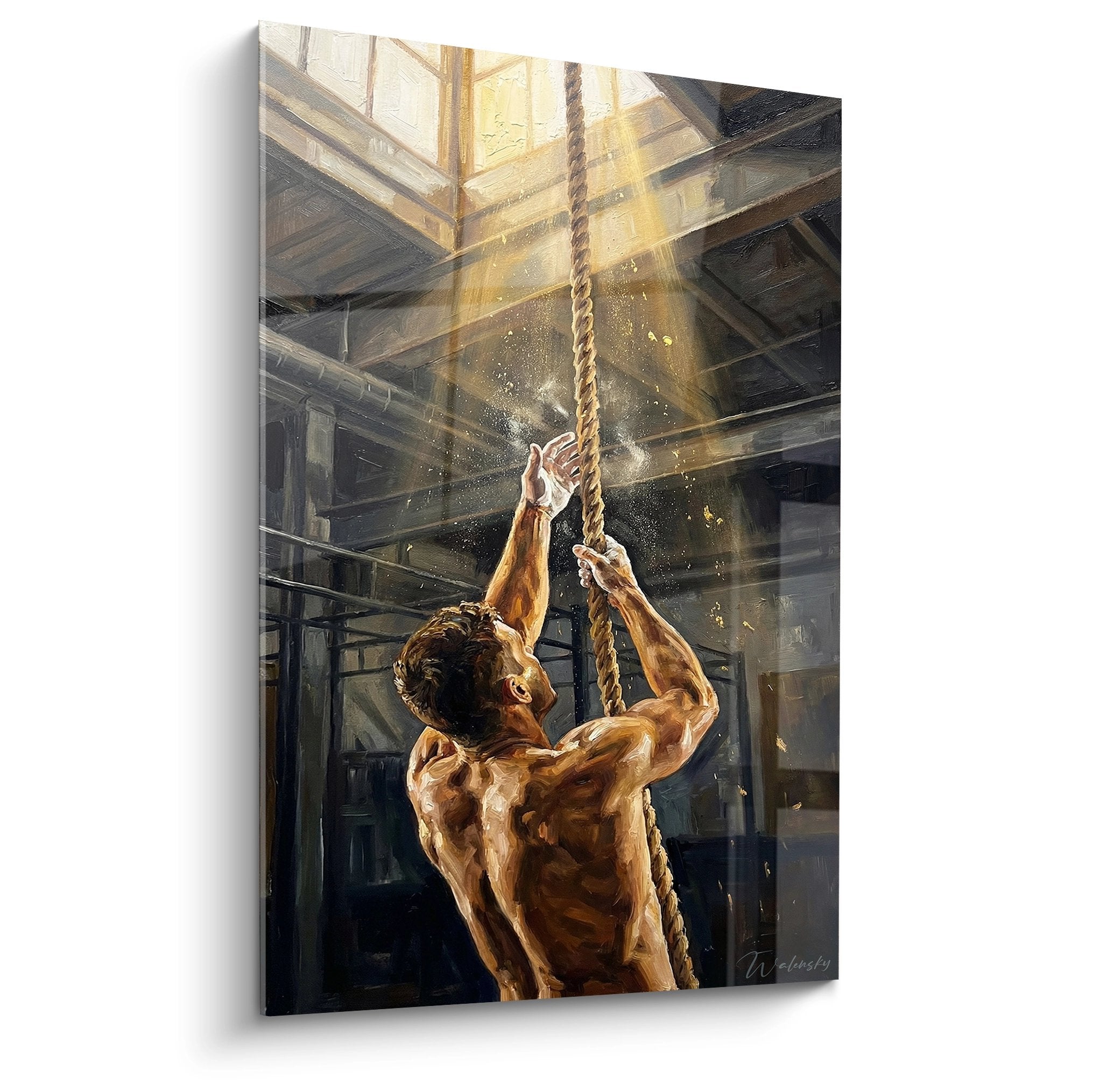 Tableau crossfit rope climb montrant un athlete grimpant une corde dans une lumiere doree mystique