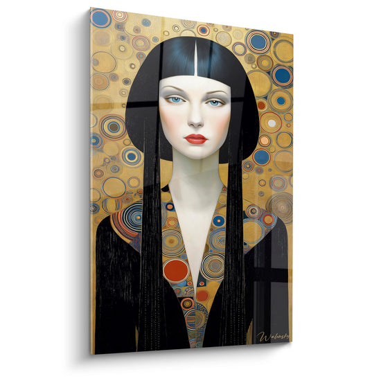 Portrait painting woman black hair Klimt style golden background colored circles art deco wall art decoration