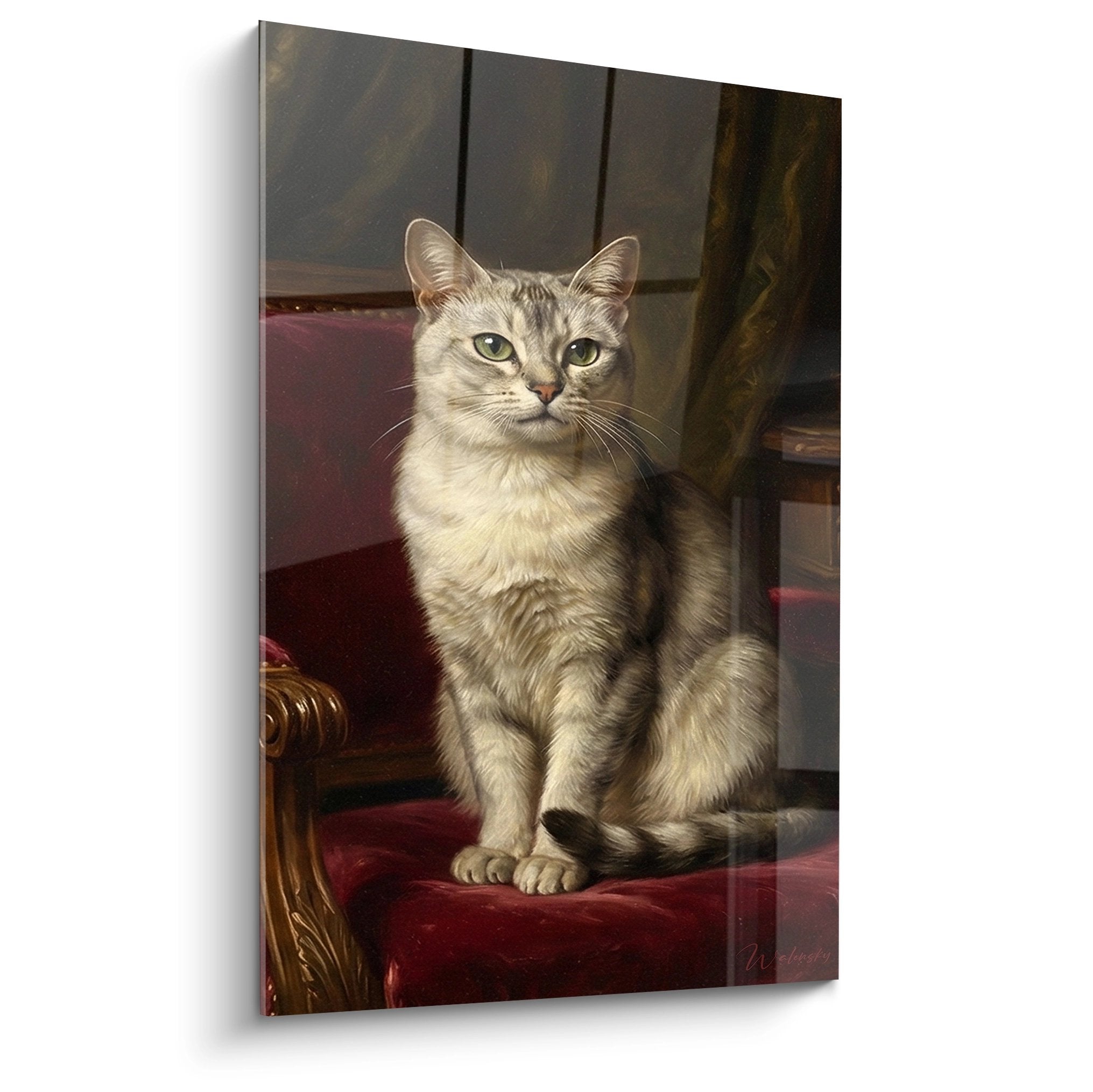 Tableau chat Burmilla argenté assis sur fauteuil bordeaux velours, regard vert perçant, style portrait aristocratique