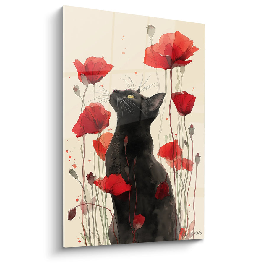 Tableau Chat Noir aux Coquelicots - Jardin Enchanteur - Edition chat Bombay