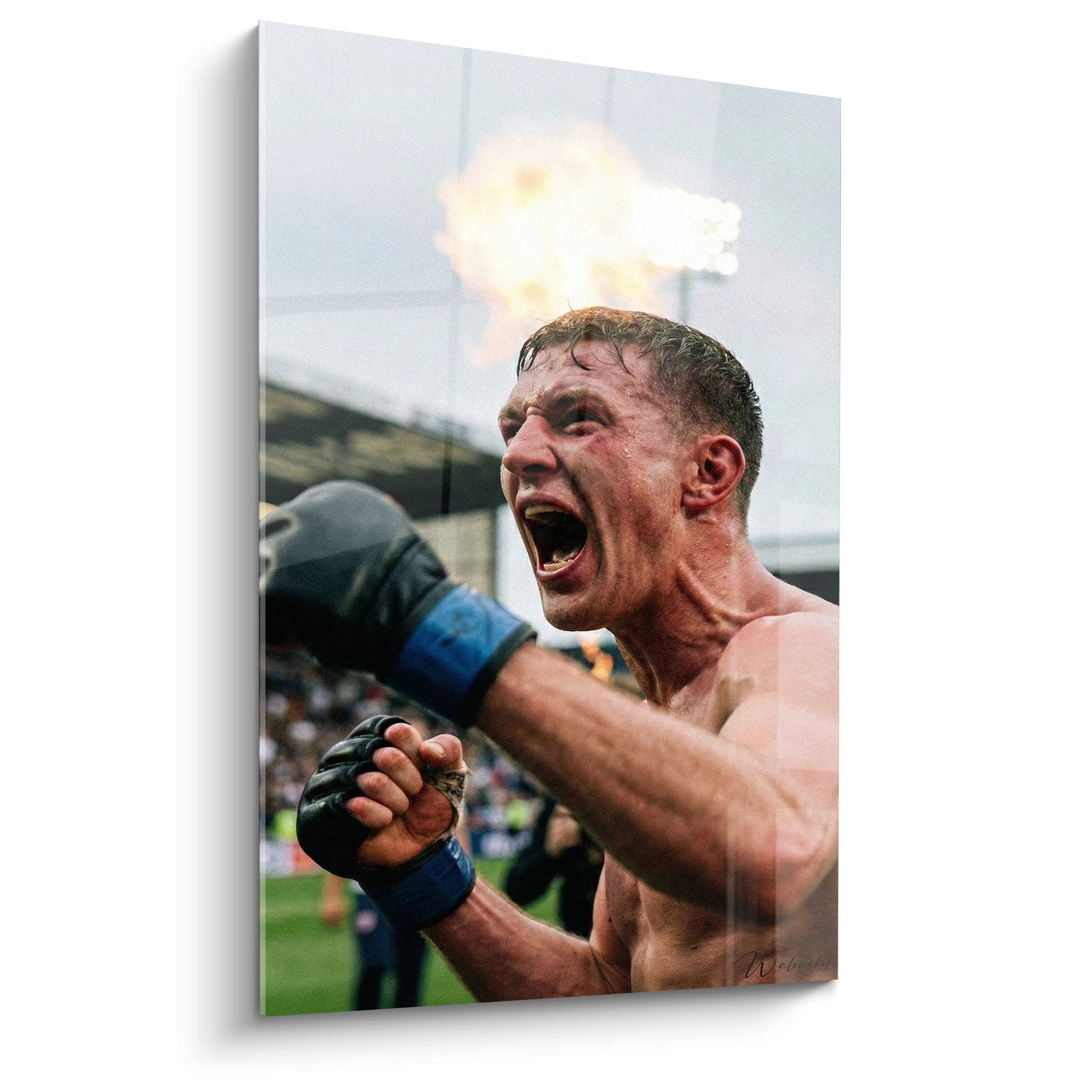 Tableau MMA combattant victorieux criant de joie avec gants bleus apres combat