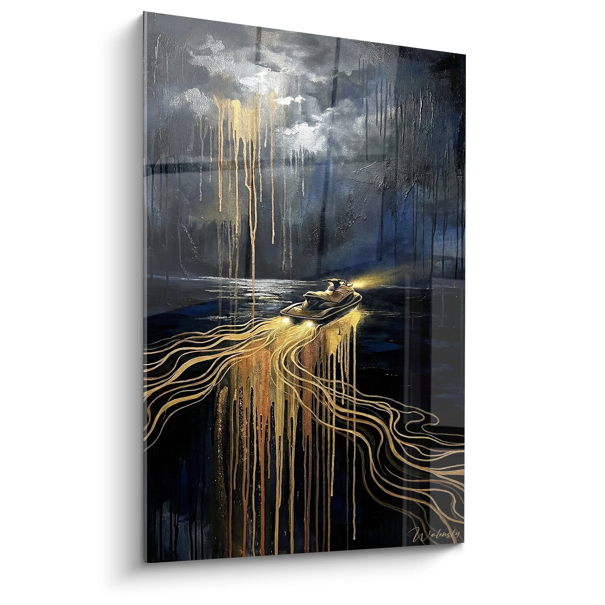 Tableau mural jetski artistique avec effets dorés et bleus, œuvre moderne pour décoration intérieure