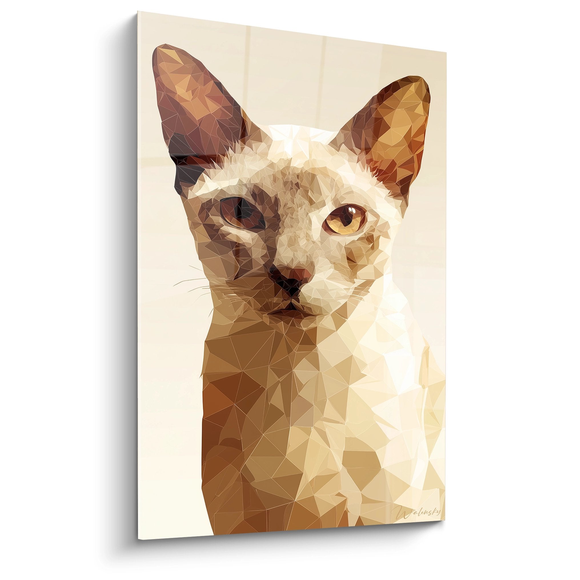 Tableau chat Singapura style polygonal art geometrique tons beiges et dores decoration murale moderne