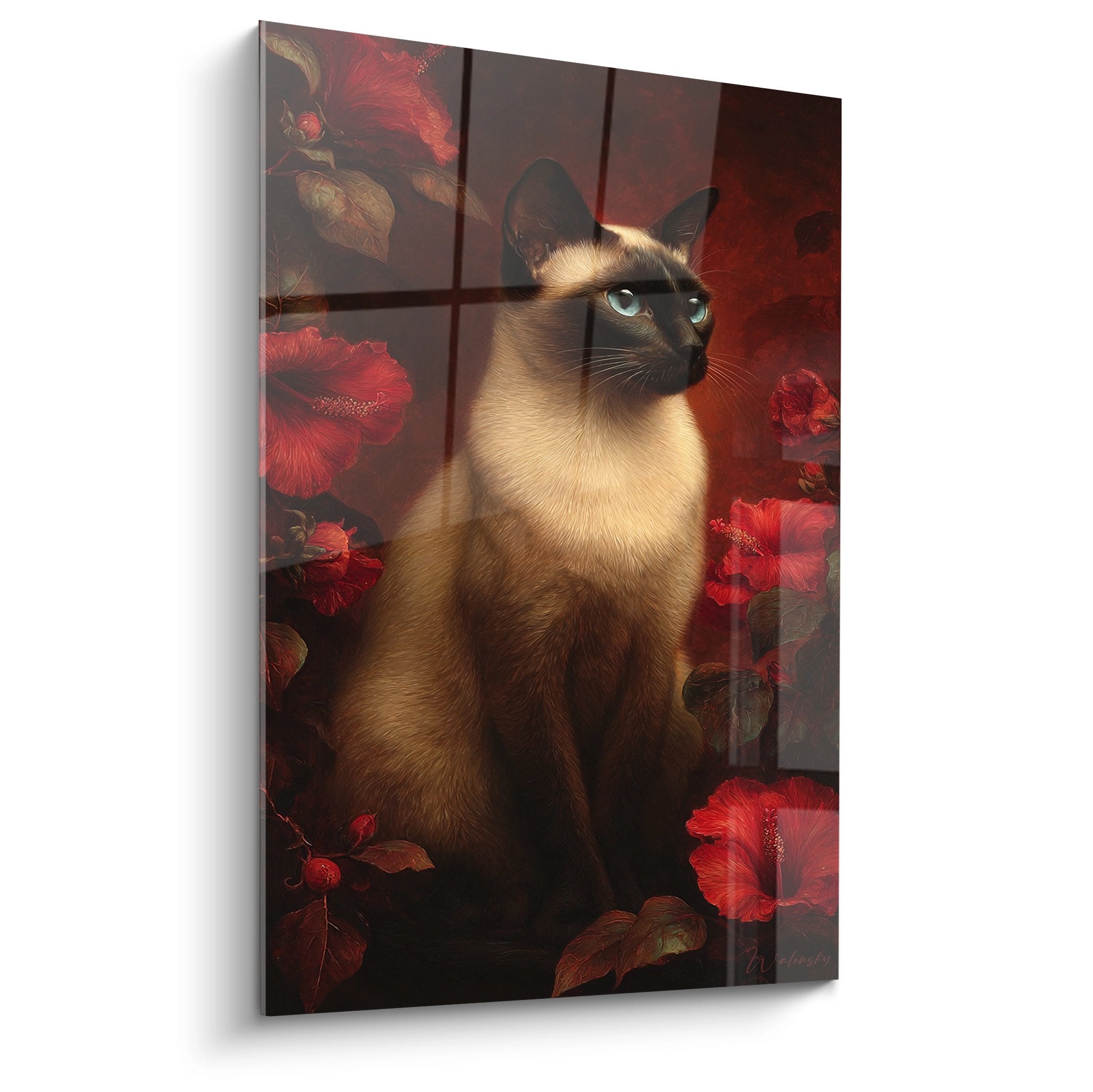 Tableau artistique chat Balinais aux yeux bleus entouré d'hibiscus rouges éclatants sur fond cuivré