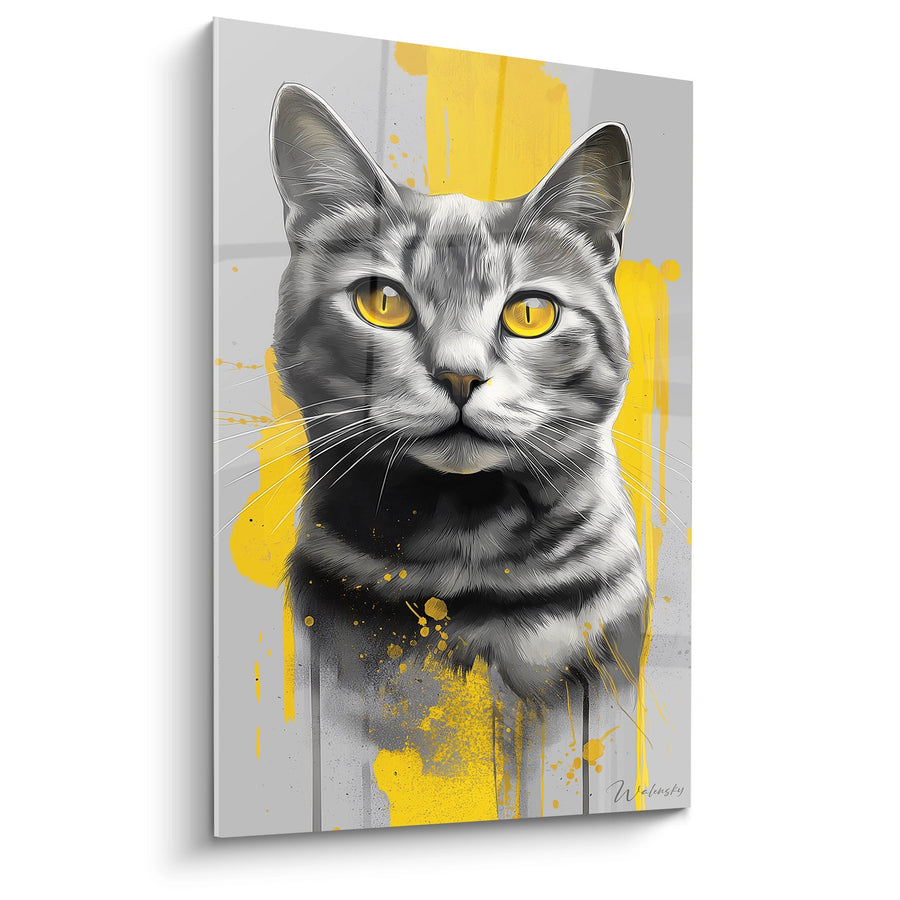 Tableau Chat American Shorthair Yeux Dorés - Art Moderne Jaune et Gris - Edition chat American Shorthair